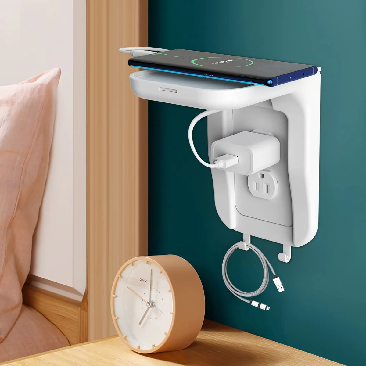 Suptek Wall Outlet Shelf, Home Wall Shelf Organizer for Outlets, Perfect for Bathroom, Kitchen, Bedrooms,Ideal for Cell Phone,Speaker up to 20lbs,With Cable Management and Detachable Hooks,White(S3W) 1 Pack - Image 2
