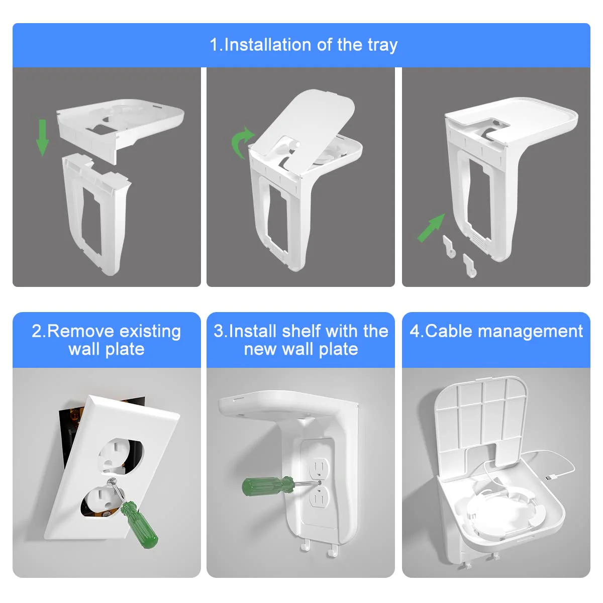 Suptek Wall Outlet Shelf, Home Wall Shelf Organizer for Outlets, Perfect for Bathroom, Kitchen, Bedrooms,Ideal for Cell Phone,Speaker up to 20lbs,With Cable Management and Detachable Hooks,White(S3W) 1 Pack - Image 7