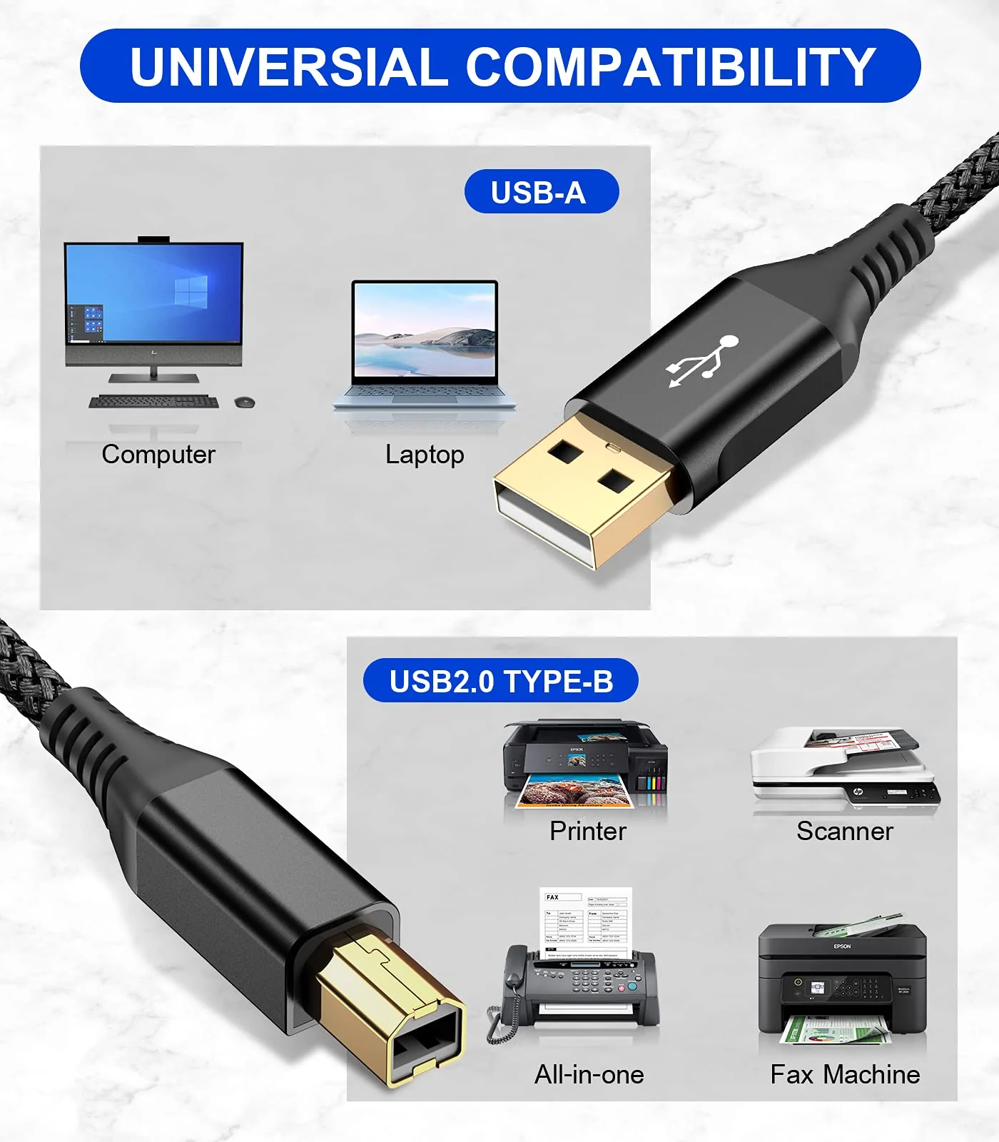 sweguard Printer Cable 10ft, USB 2.0 Printer Cable USB-A to USB-B Cable, High Speed Nylon Braided Scanner Printer Cord for HP Canon Dell Epson Brother Lexmark Xerox Samsung Piano DAC & More-Black black - Image 2