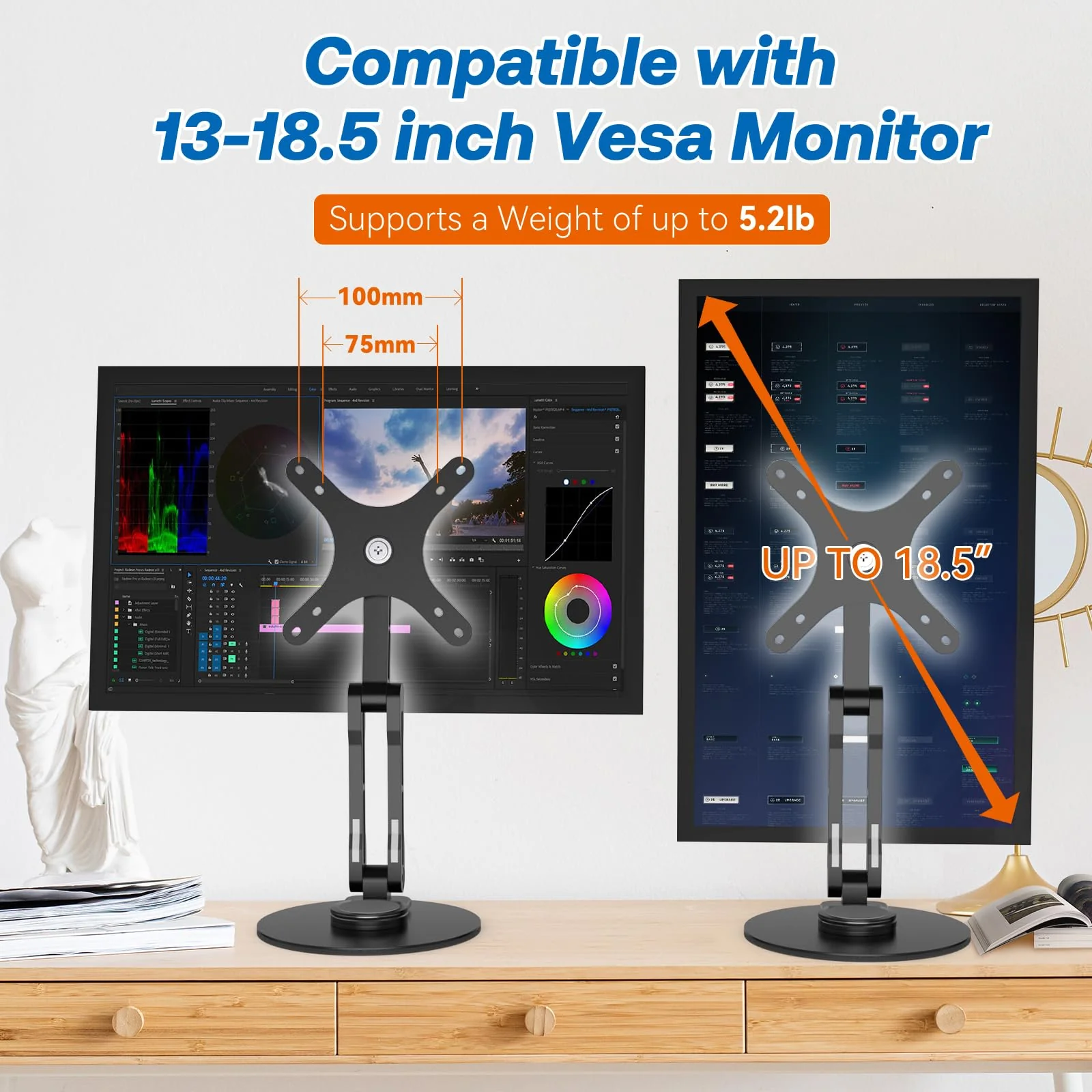 Swivel and Tilt Stand for Echo Show 15, Vesa Monitor Stand, Three-Hinge Adjustable Angle and Height with 360° Rotation Base, Supports Switching Between Landscape and Portrait Screens(Black) - Image 2