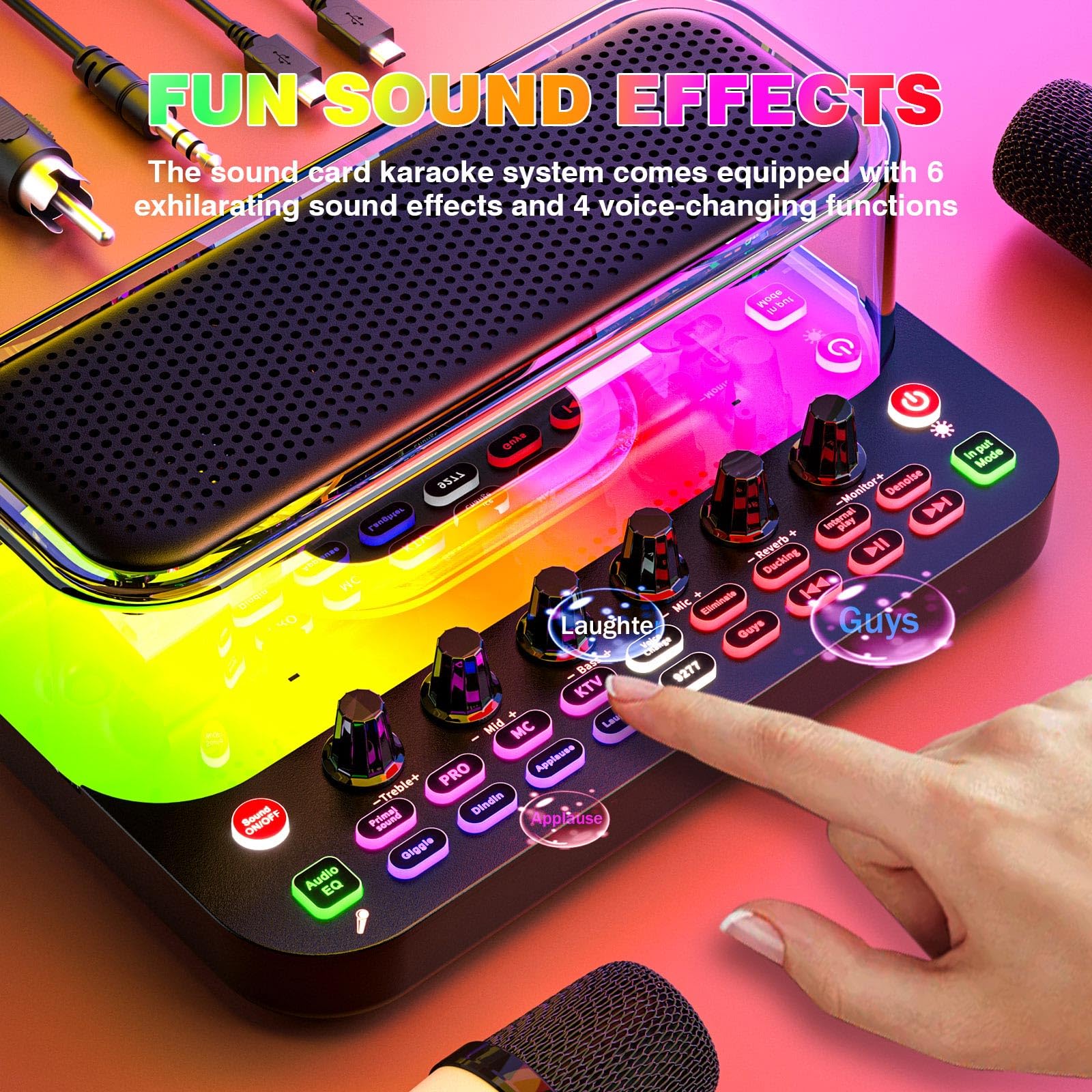 SY11 Portable Live Streaming Sound Card Mixer, Mini Bluetooth Karaoke Machine w/ 2 Wireless Microphone, RGB Lights & Voice Change Sound Effects, Easy Set up Bluetooth Audio Podcast Equipment for PS5 SY11 - Image 3