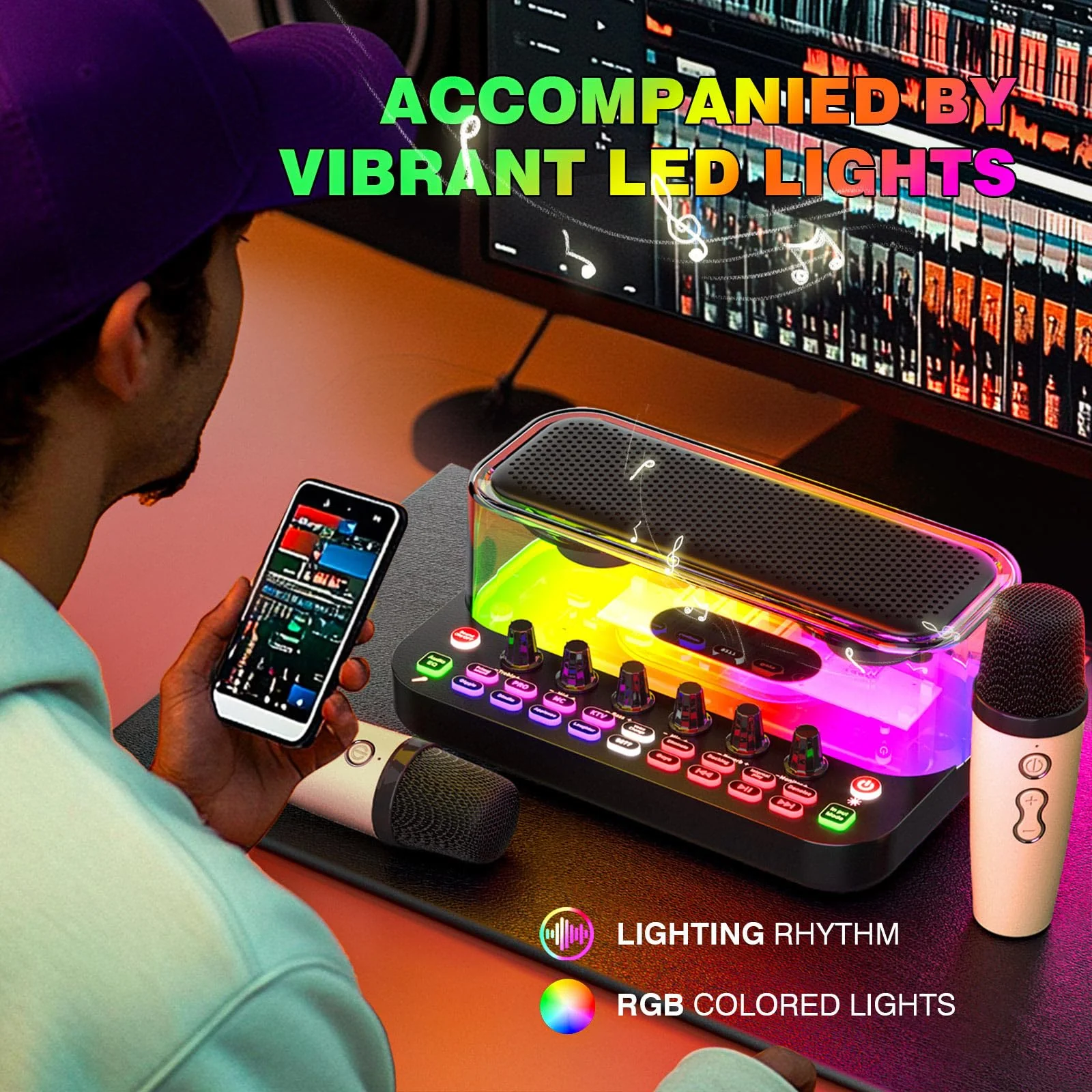 SY11 Portable Live Streaming Sound Card Mixer, Mini Bluetooth Karaoke Machine w/ 2 Wireless Microphone, RGB Lights & Voice Change Sound Effects, Easy Set up Bluetooth Audio Podcast Equipment for PS5 SY11 - Image 4