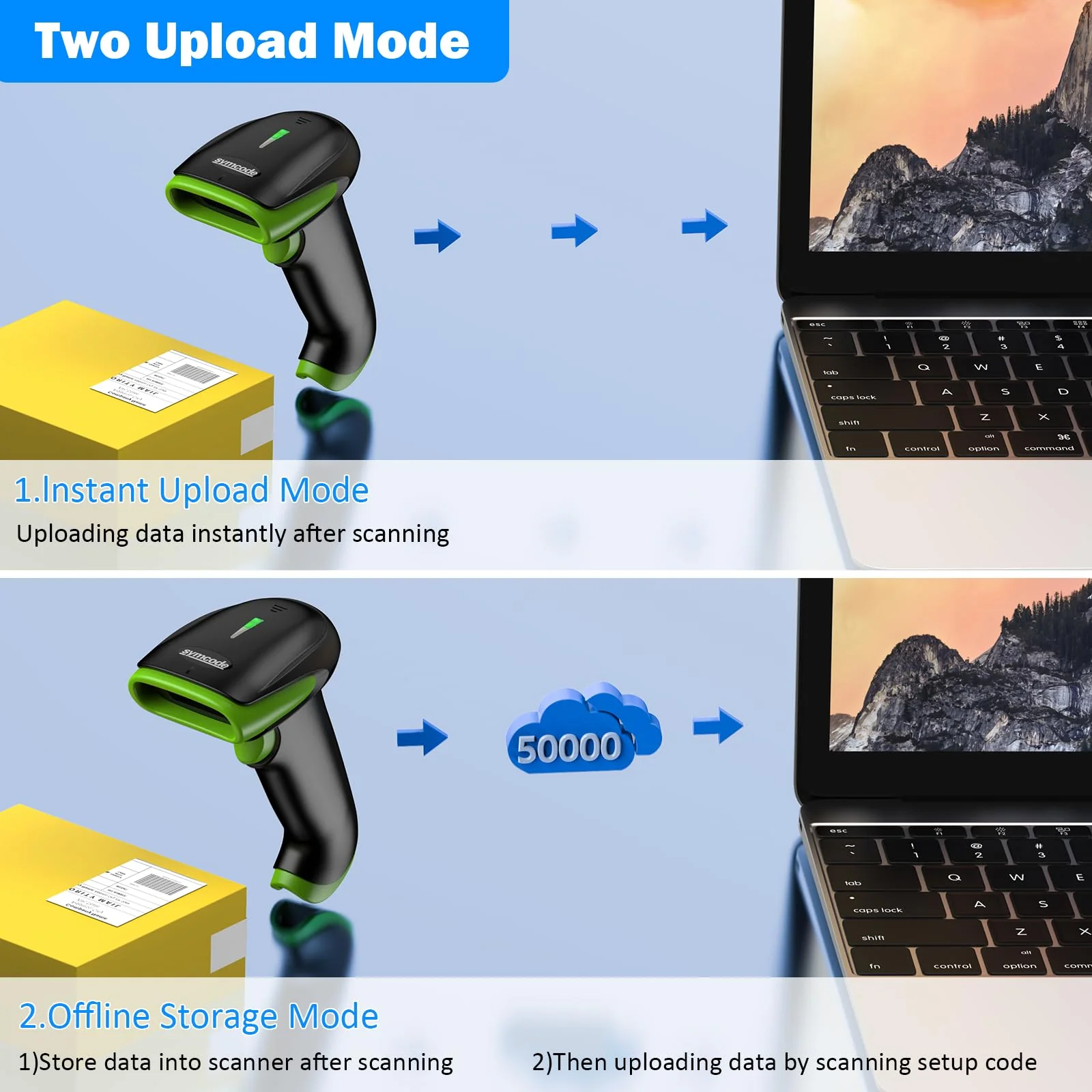 Symcode Wireless Bluetooth Barcode Scanner,Bluetooth & USB Wired & 2.4G Wireless Connection Ergonomics Handheld Barcode Scanner Reader, 2D 1D QR Code Automatic Fast Precise scanning Scanner Green - Image 3