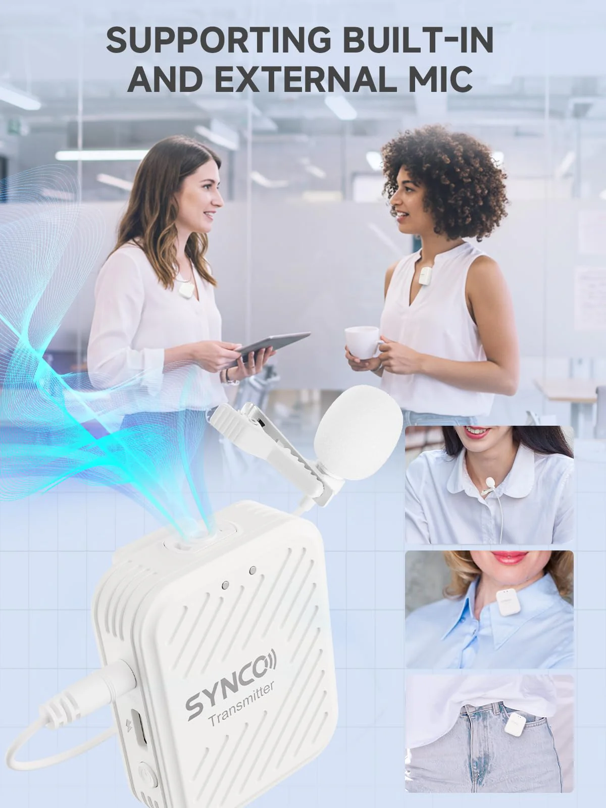 SYNCO Wireless Lavalier Microphone White, Microfonos Inalambricos Professional 3.5mm TRS 2.4GHz 70m Transmission Range Noise Cancellation Receiver and Transmitter - Image 4