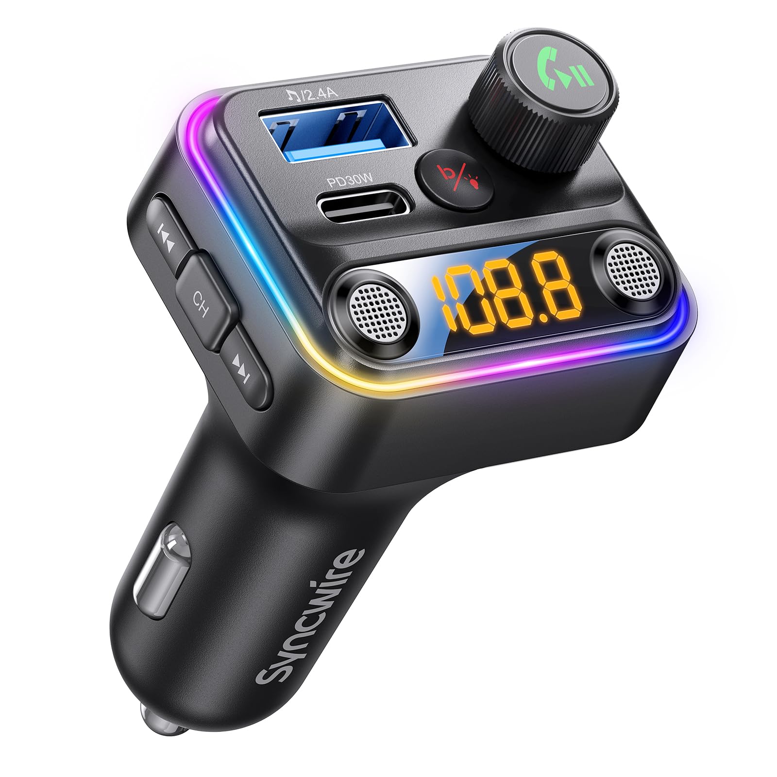 Syncwire Bluetooth 5.4 FM Transmitter Car Adapter 42W [Light Switch] [Stronger Dual-mic] [HiFi Bass Sound] [Fast Charging] Wireless FM Radio Stereo Music Adapter Hands-Free Calling Support USB Drive Black