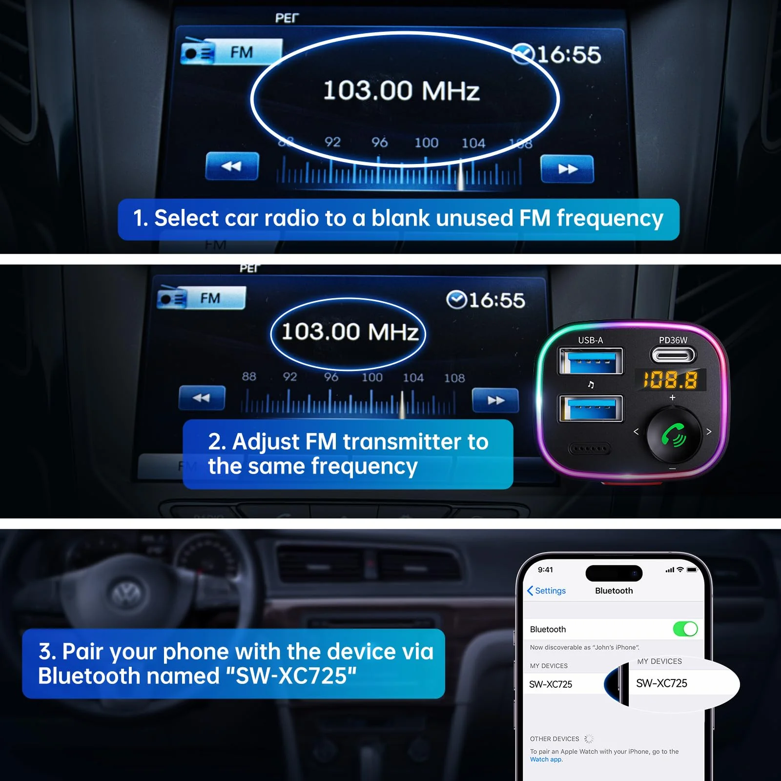 Syncwire Bluetooth 5.4 FM Transmitter Car Adapter 48W (PD 36W & 12W) [Light Switch] [HiFi Bass Sound] [Fast Charging] Wireless Radio Music Adapter LED Display Hands-Free Calling Support USB Drive Black - Image 7