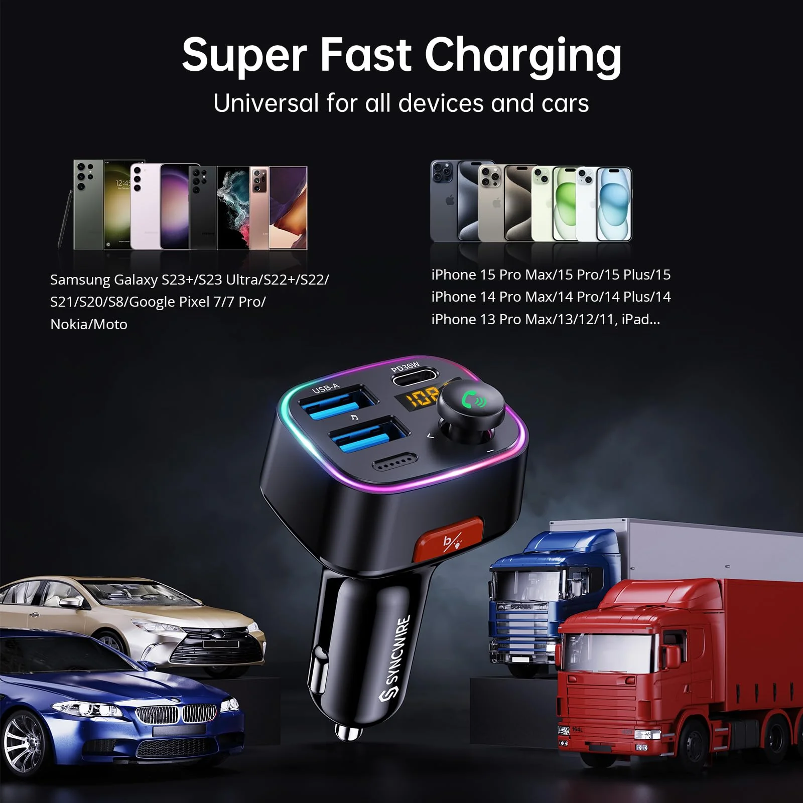 Syncwire Bluetooth 5.4 FM Transmitter Car Adapter 48W (PD 36W & 12W) [Light Switch] [HiFi Bass Sound] [Fast Charging] Wireless Radio Music Adapter LED Display Hands-Free Calling Support USB Drive Black - Image 8