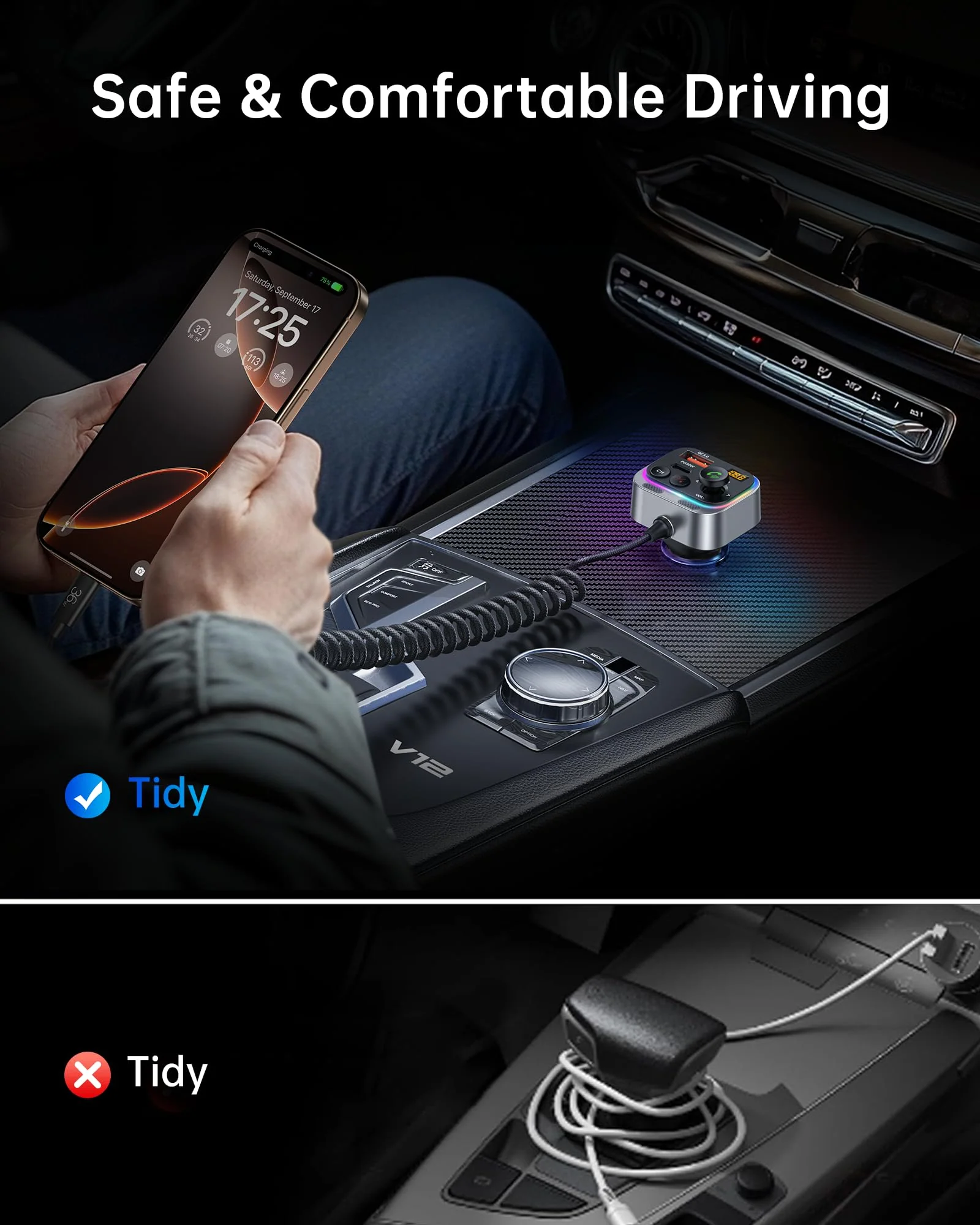 Syncwire Bluetooth 5.4 FM Transmitter Car Adapter 66W PD & QC 3.0 Fast Charging with USB-C Cable Wireless Radio Adapter with Light Control, HiFi Bass, Hands-Free Calling and Strong Mics - Image 7
