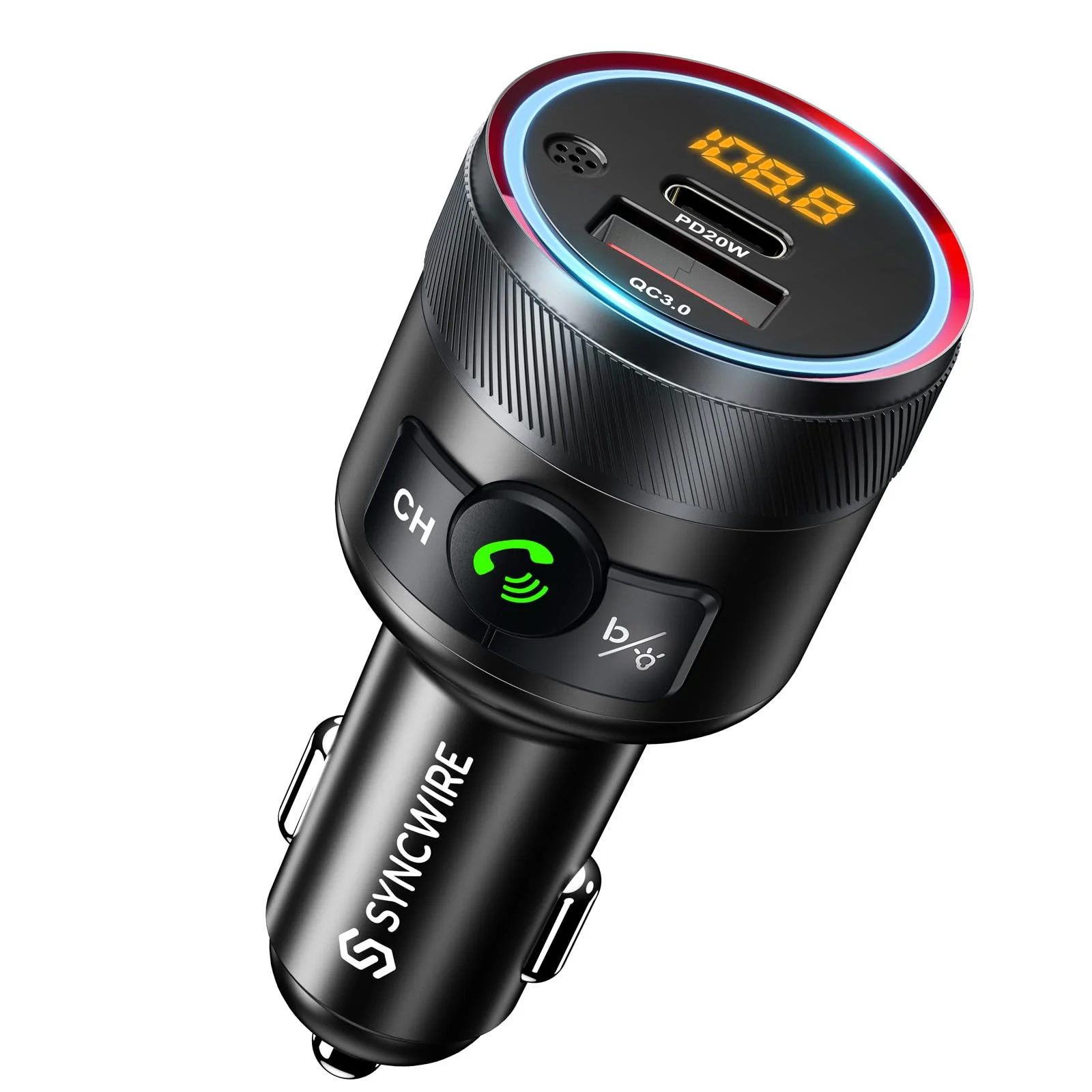 Syncwire Bluetooth 5.4 FM Transmitter for Car, 38W PD&QC3.0 Dual USB Charging Bluetooth Car Adapter Microphone & Bass Sound MP3 Music Player FM Kit with Hands-Free Calling Black
