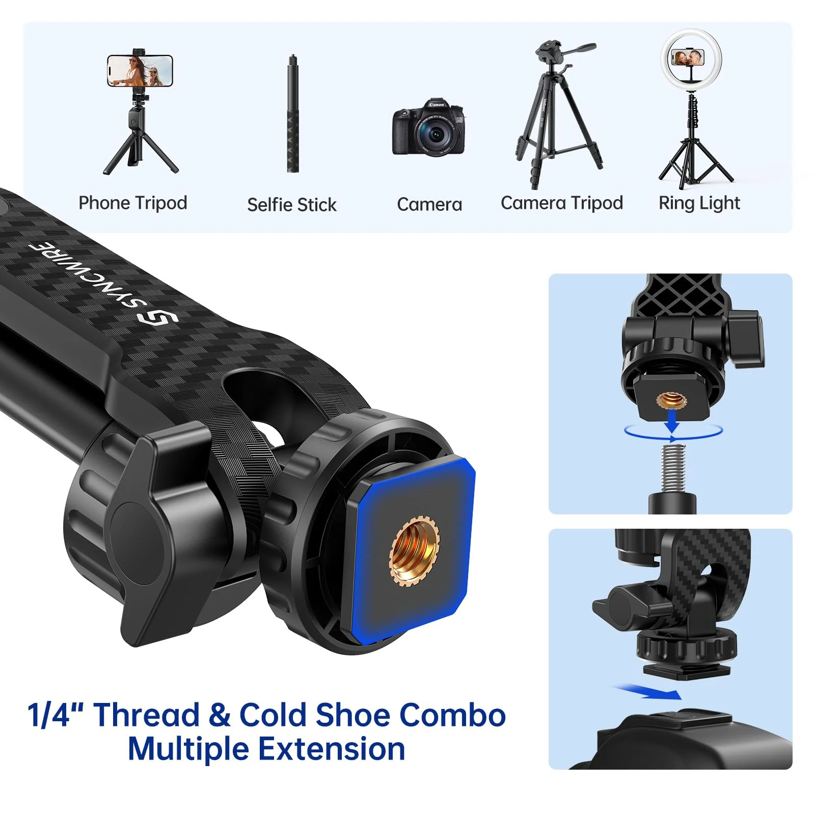 SYNCWIRE Tripod Phone Mount, Universal Smartphone Mount Adapter with 2 Cold Shoe and 1/4" Screw, 360° Rotates and 180° Tilts Adjustable Cell Phone Clamp Holder for Enhancing Mobile Photography Setup - Image 3