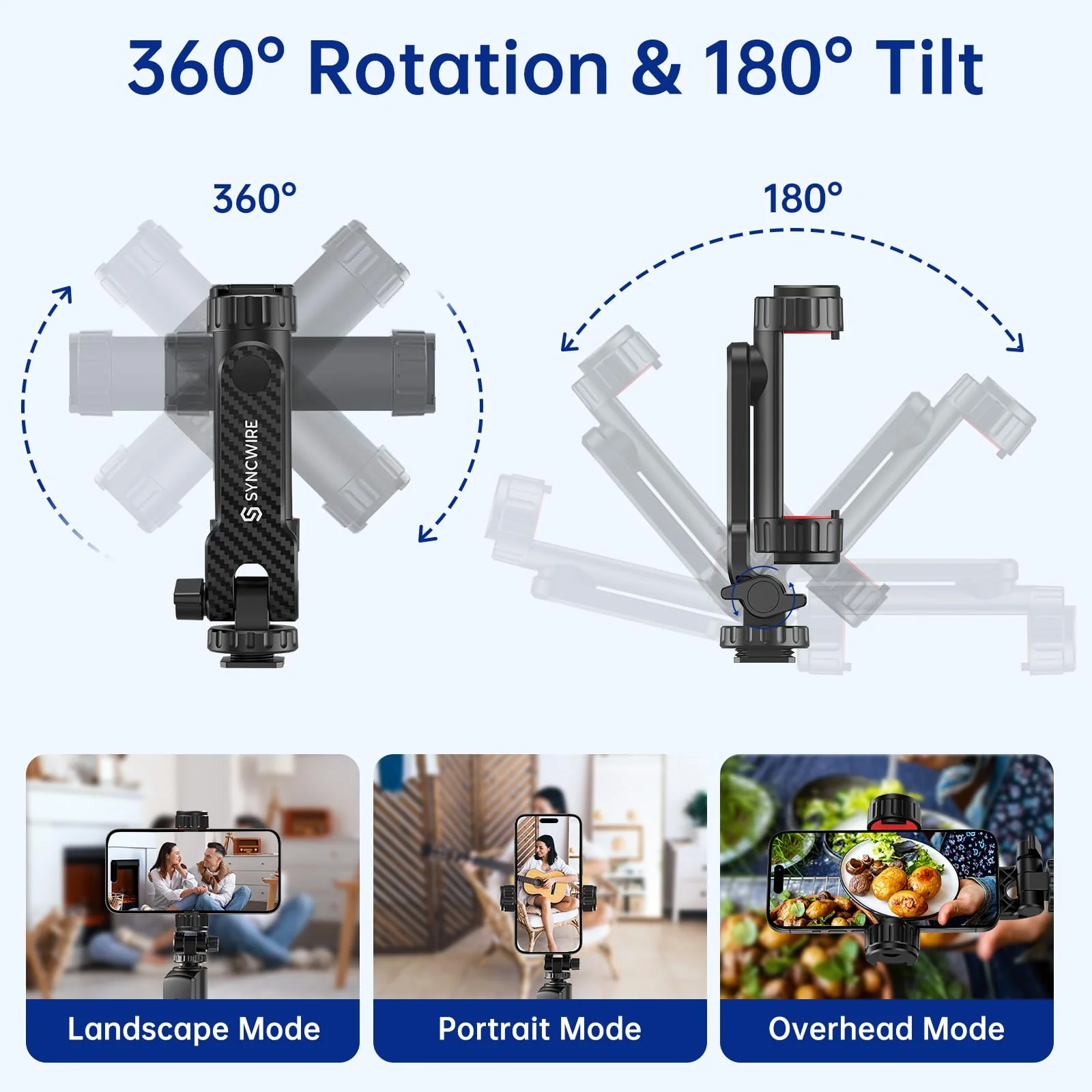 SYNCWIRE Tripod Phone Mount, Universal Smartphone Mount Adapter with 2 Cold Shoe and 1/4" Screw, 360° Rotates and 180° Tilts Adjustable Cell Phone Clamp Holder for Enhancing Mobile Photography Setup - Image 4
