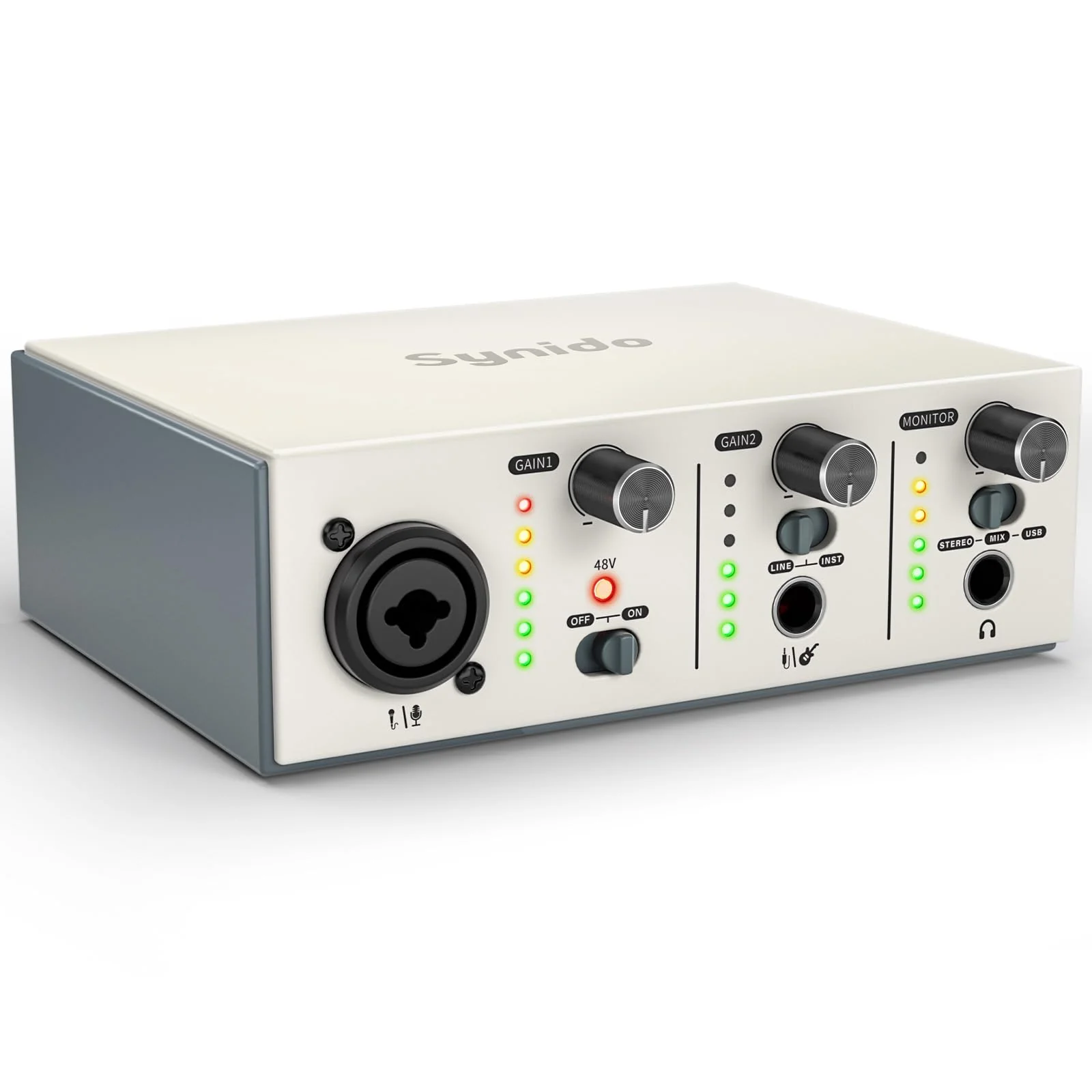 Synido Solo USB C Audio Interface for Recording Music, Streaming, Podcasting with XLR, Line Input, 24bit/48kHz, 48V Phantom Power, 2-channel, Silver Solo Audio Interafce-Silver