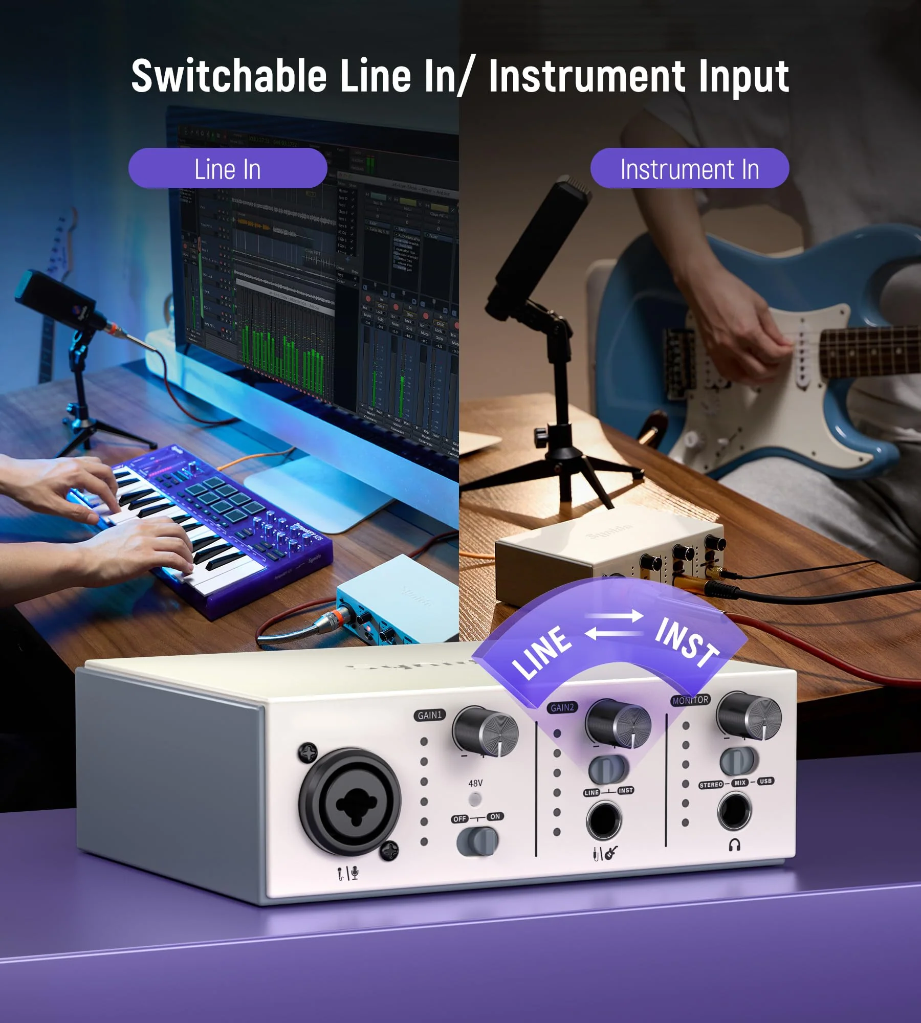 Synido Solo USB C Audio Interface for Recording Music, Streaming, Podcasting with XLR, Line Input, 24bit/48kHz, 48V Phantom Power, 2-channel, Silver Solo Audio Interafce-Silver - Image 4