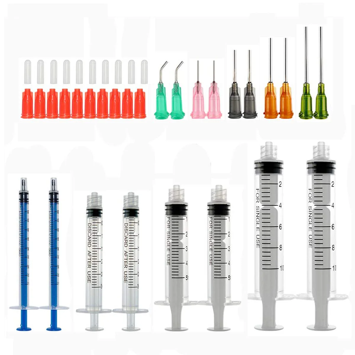 Syringe Set with Blunt Needles, 1ml, 3ml, 5ml, 10ml with 14g, 15g, 16g, 18g, 20g Blunt Needles and Syringe Cap for DIY Craft Refill Glue, Industrial Applications (8 Pieces) Pack of 8