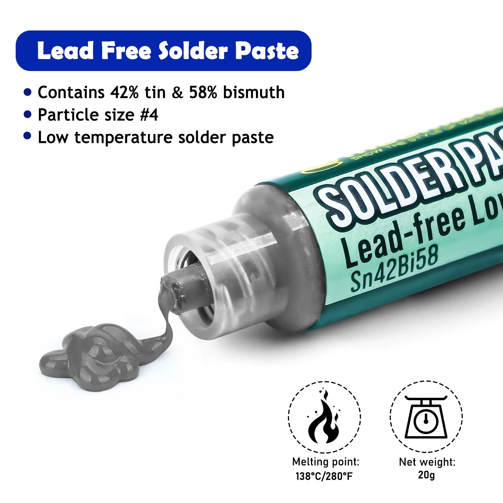 Syringe Soldering Paste, Sn42 Bi58 Soldering Paste SMD, Lead-Free Soldering Paste with 2 Dosing Tools and Push Rods, No Cleaning Required, Low Temperature 138°C, for BGA SMT Solder (20g) - Image 3