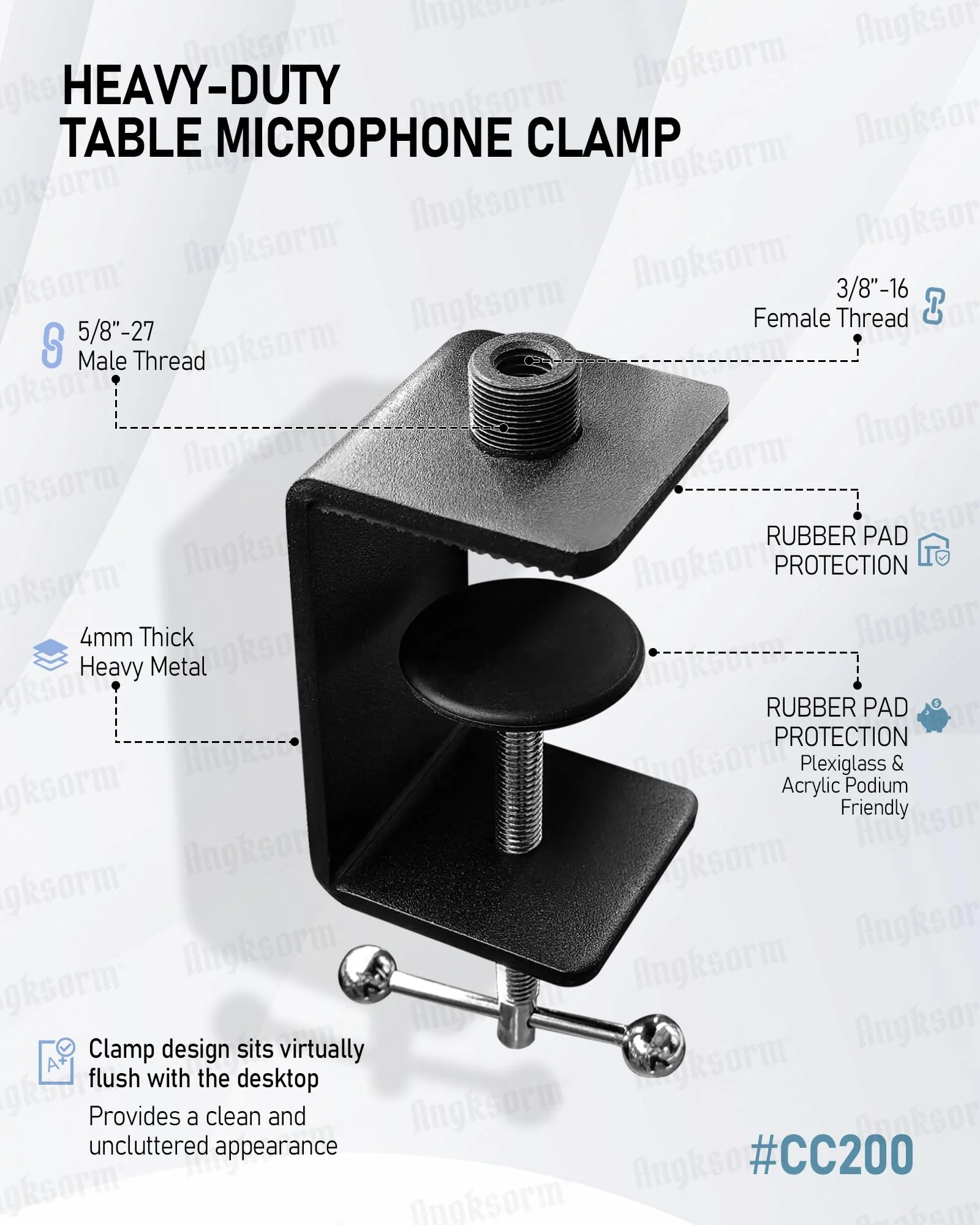 Table Microphone Clamp - Heavy-Duty Desk Mic Metal Clamp Mount with 5/8-27 Male and 3/8-16 Female Thread, 2PCS C-CLAMP MOUNT (2PCS) - Image 2