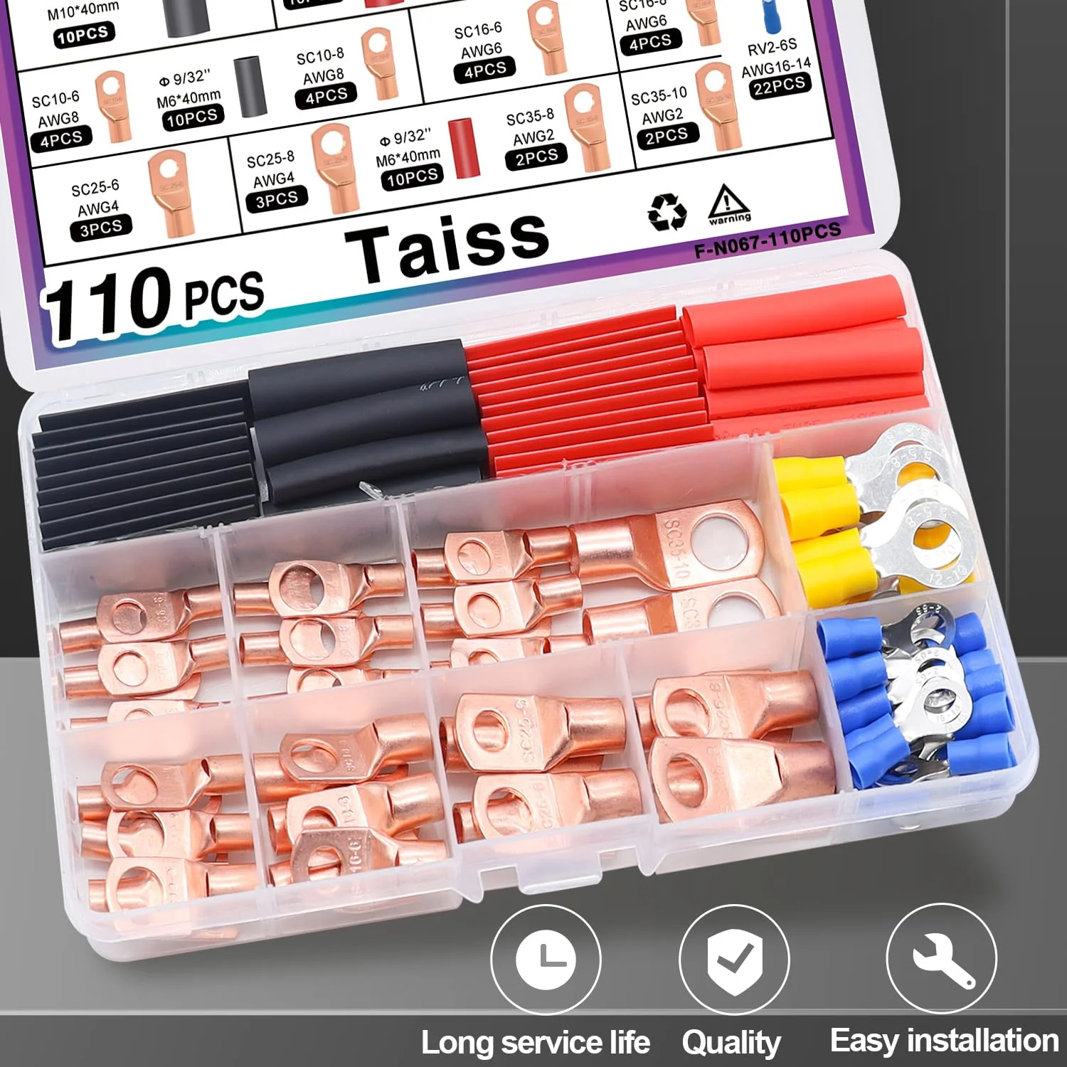 Taiss 110PCS Copper Wire Lugs,Battery lugs AWG 2/4/6/8/10/12/14/16 Gauge Copper lugs Assortment,Battery Cable Ends Copper Ring Terminals Connectors with Heat Shrink - Image 2