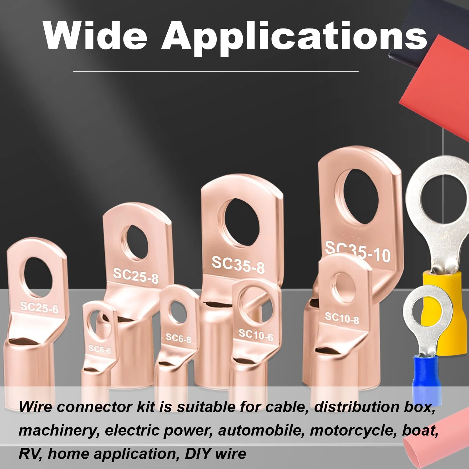 Taiss 110PCS Copper Wire Lugs,Battery lugs AWG 2/4/6/8/10/12/14/16 Gauge Copper lugs Assortment,Battery Cable Ends Copper Ring Terminals Connectors with Heat Shrink - Image 4