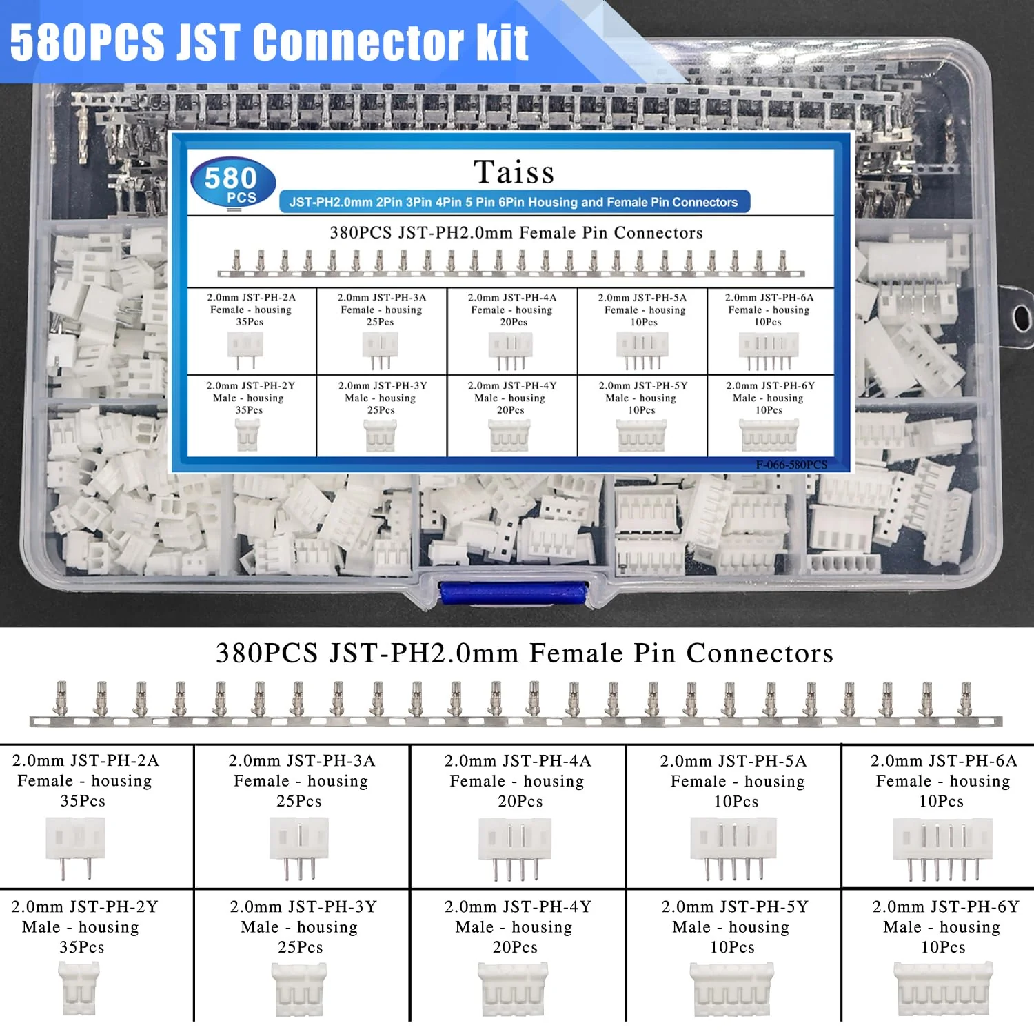Taiss 580PCS JST PH Connector kit 2.0mm 2/3/4/5/6Pin Housing,Female and Male Adapter Cable Connector Plug,PH2.0mm Female Pin Connectors,JST Connector F-066-580PCS JST PH2.0mm Connector kit - Image 3