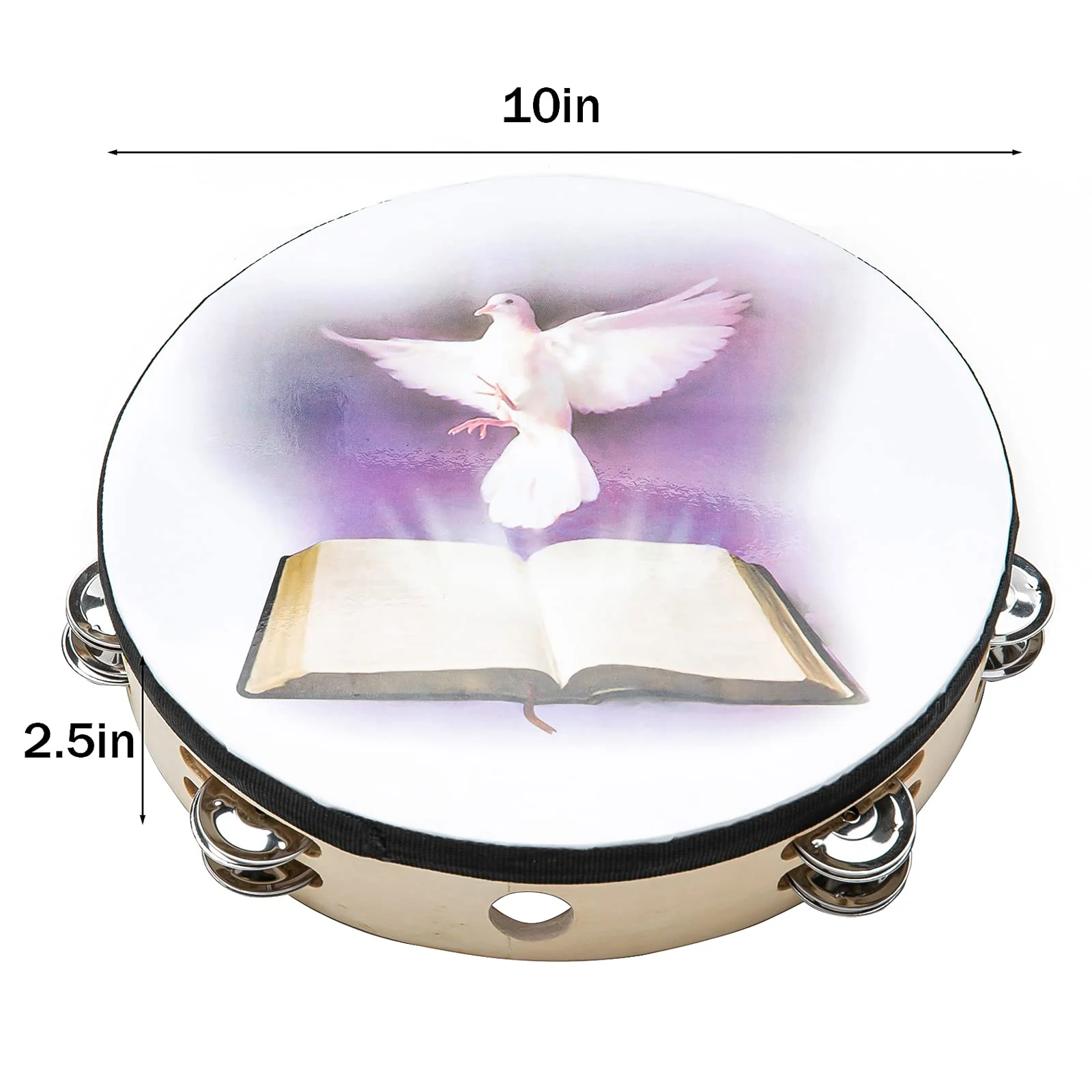 Tambourine 10 inch Dove Bible Double Row Jingle Tambourine for Adults,Handbell Clap Drum Tambourine for Pray Church Party Musical Instrument (10 inch Dove) - Image 2