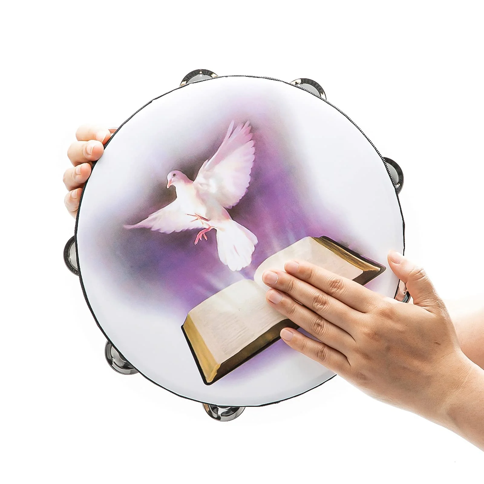 Tambourine 10 inch Dove Bible Double Row Jingle Tambourine for Adults,Handbell Clap Drum Tambourine for Pray Church Party Musical Instrument (10 inch Dove) - Image 4