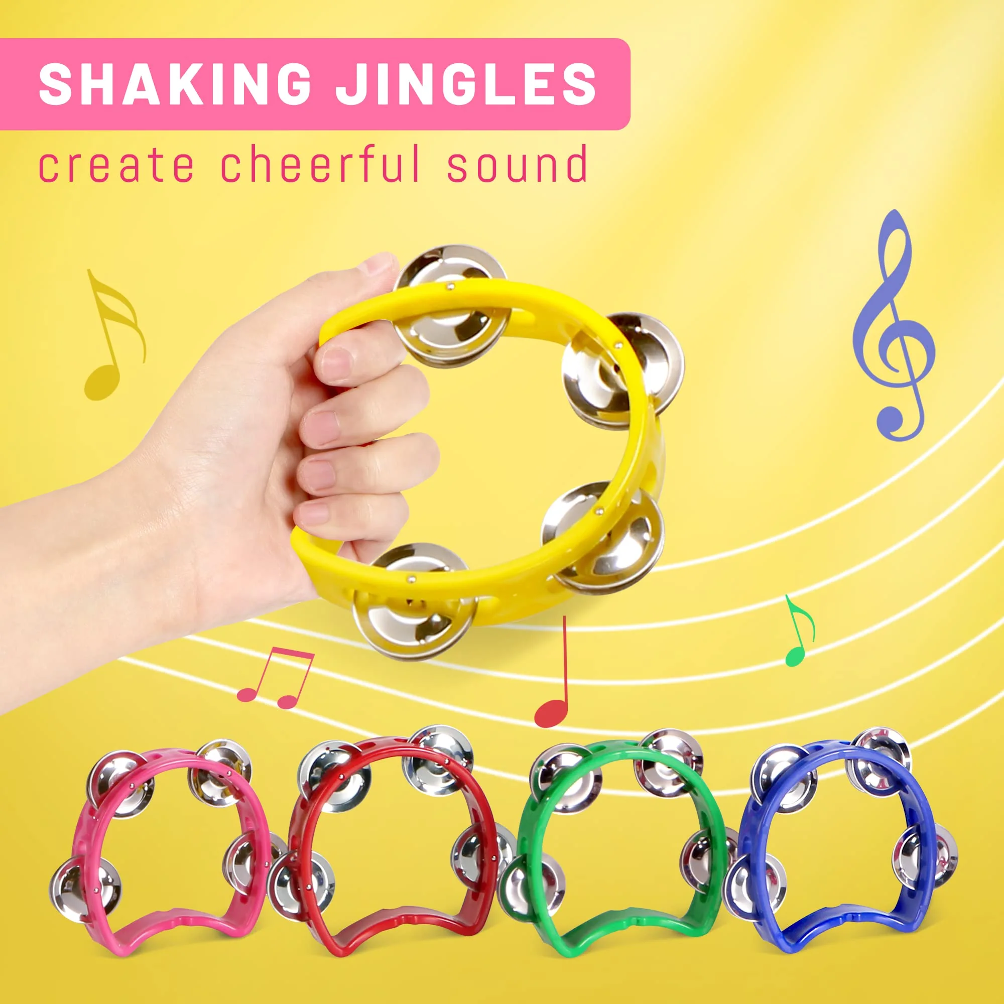 Tambourine for Kids, Hand Tambourines Bulk Toddlers Musical Instrument, Metal Jingles Hand Held Percussion, Small Tambourine for Kids, Boys, Girls, 4 Pack 4-colors - Image 3