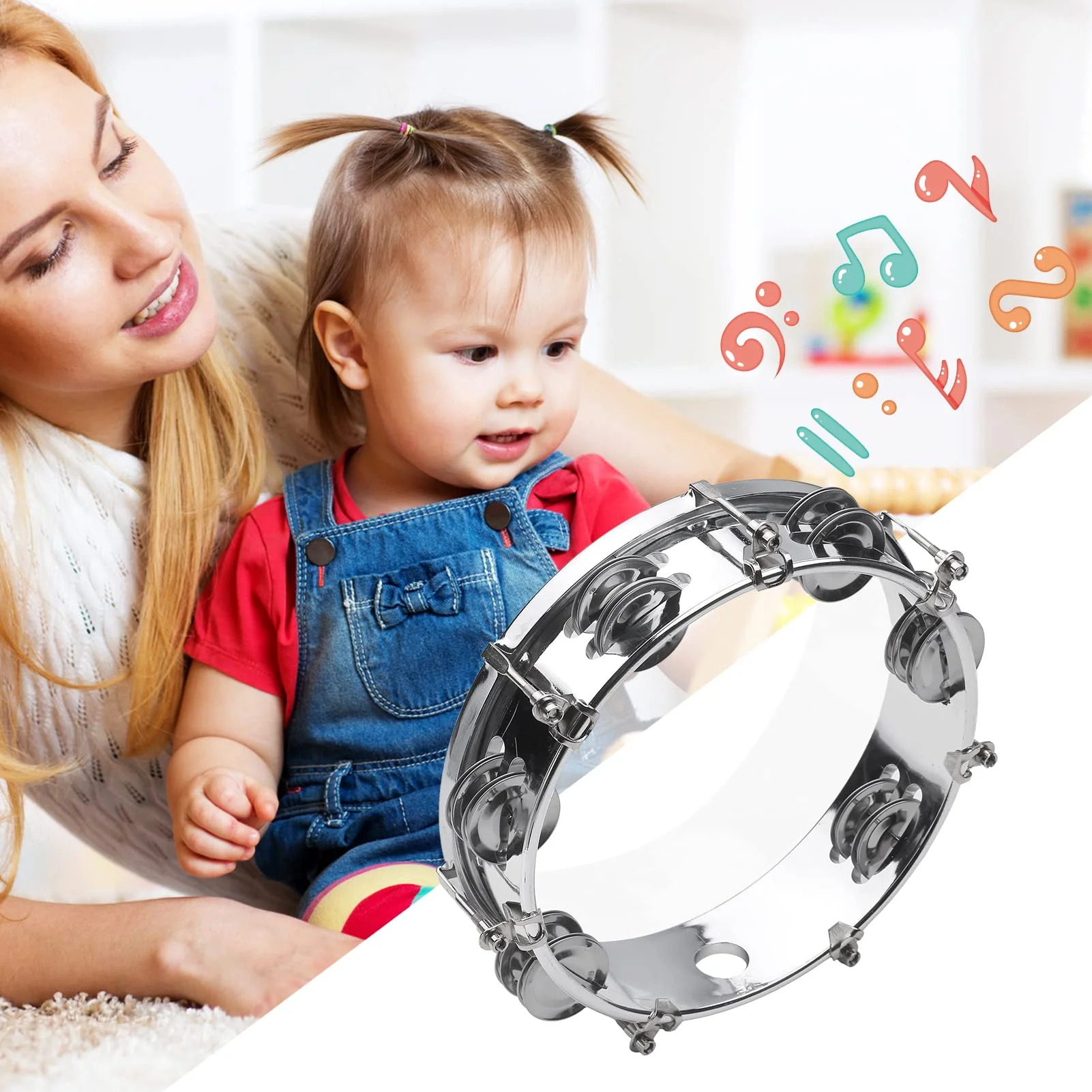 Tambourine, Handbell, Jingle Bell Double Row Metal Cymbals Drum Instrument, Handheld Percussion for Dancing, Singing, Karaoke, Music Class (8-inch) 8-inch - Image 2