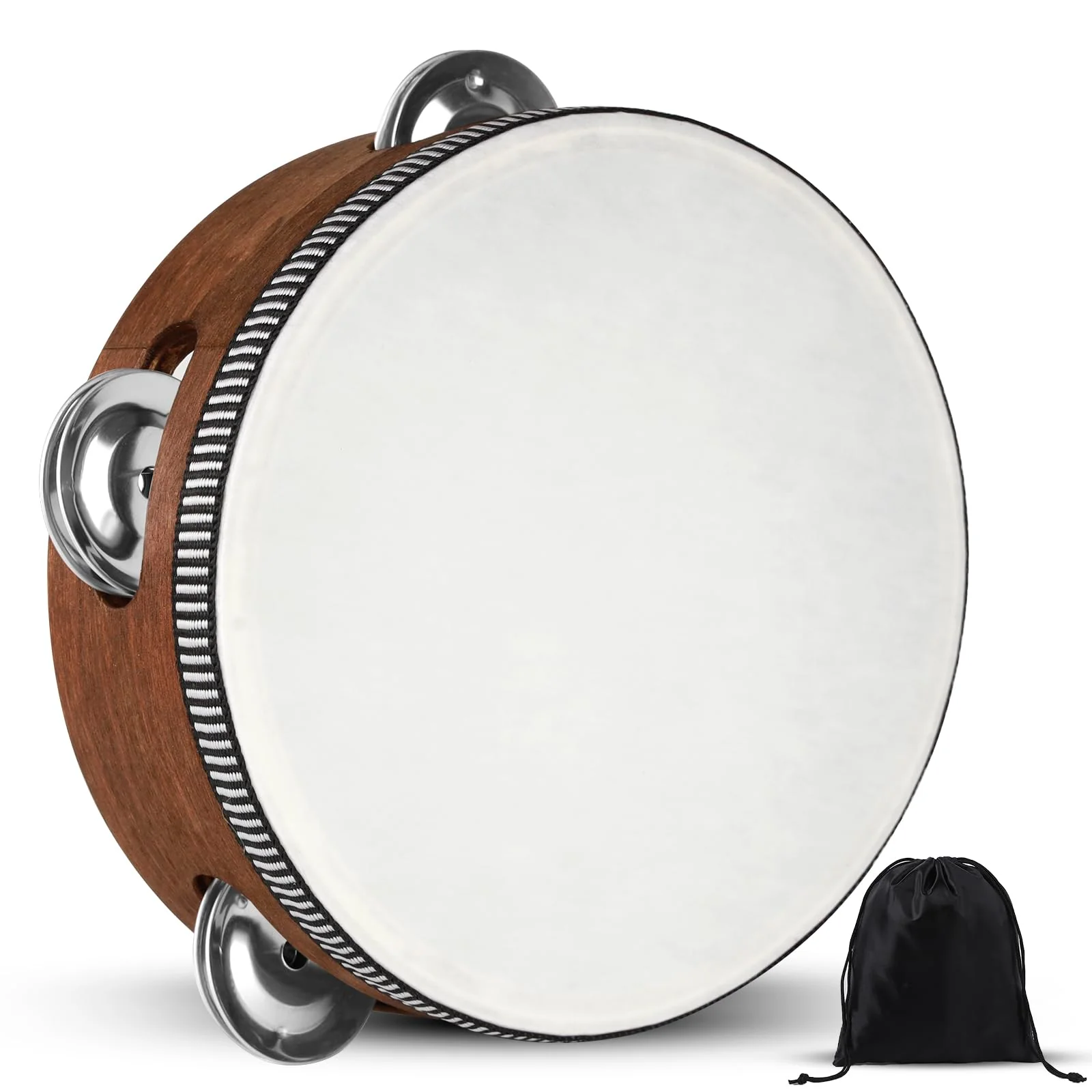 Tambourine, Tambourines for Kids, 6 Inches Wooden Hand Held Percussion Tambourine with Storage Bag, Tambourines Musical Instrument for Church, Wedding, Party, Dance, Photo Shoot 6"