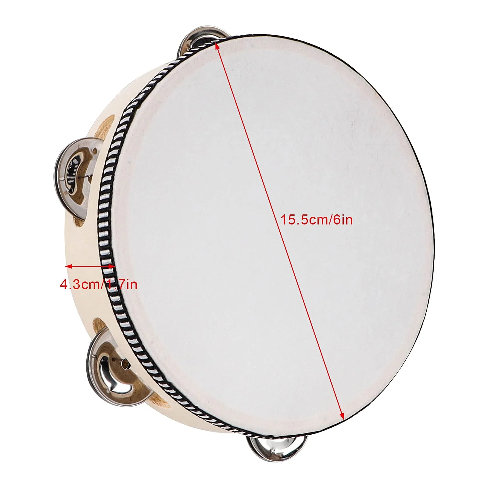 Tambourines for Adults, 6 inch Wooden Hand Held Drum Bell Tamborine with Birch Metal Jingles Single Row Percussion Musical Instruments Hand Tambourine for Church, KTV, Party, Game 6 inches - Image 3