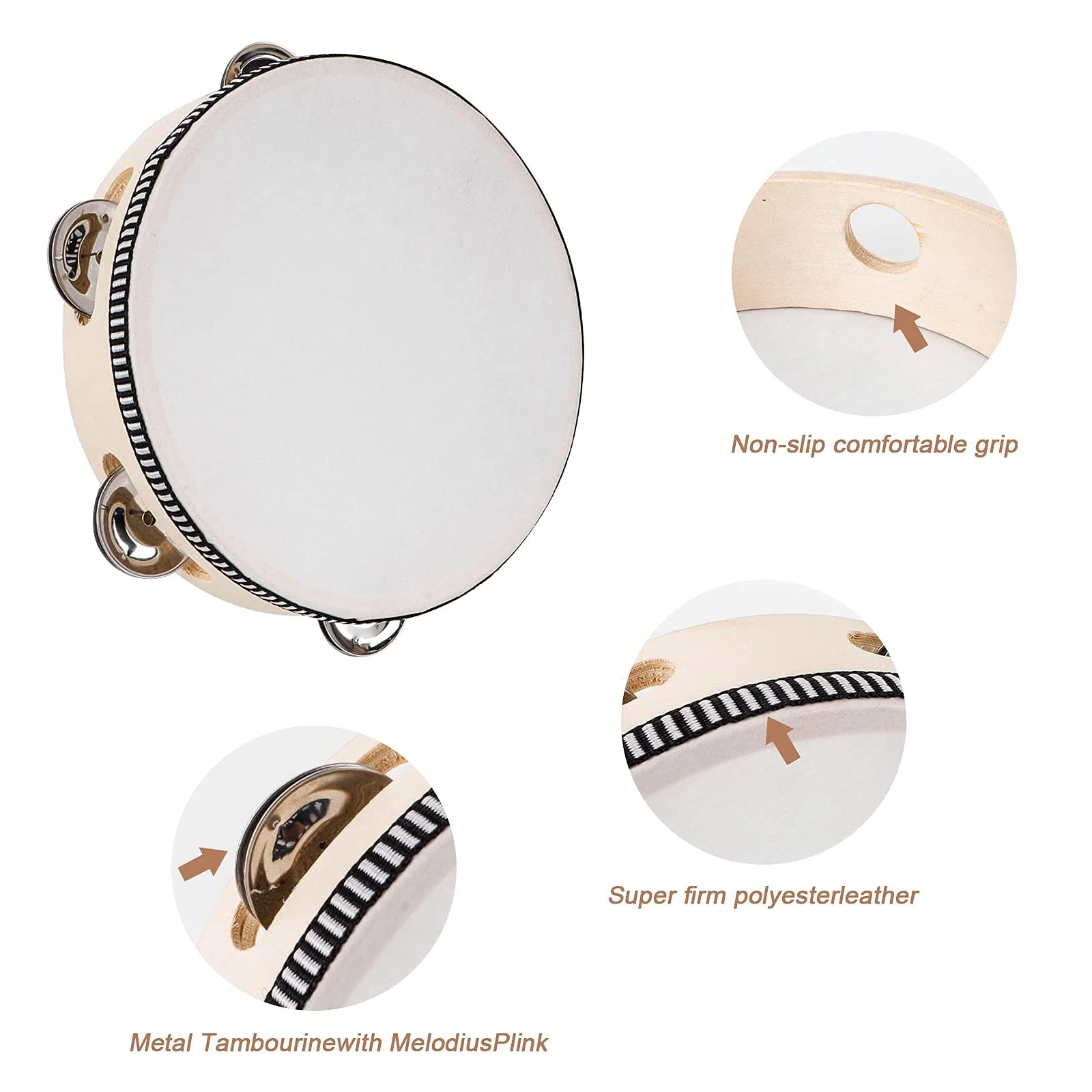 Tambourines for Adults, 6 inch Wooden Hand Held Drum Bell Tamborine with Birch Metal Jingles Single Row Percussion Musical Instruments Hand Tambourine for Church, KTV, Party, Game 6 inches - Image 4