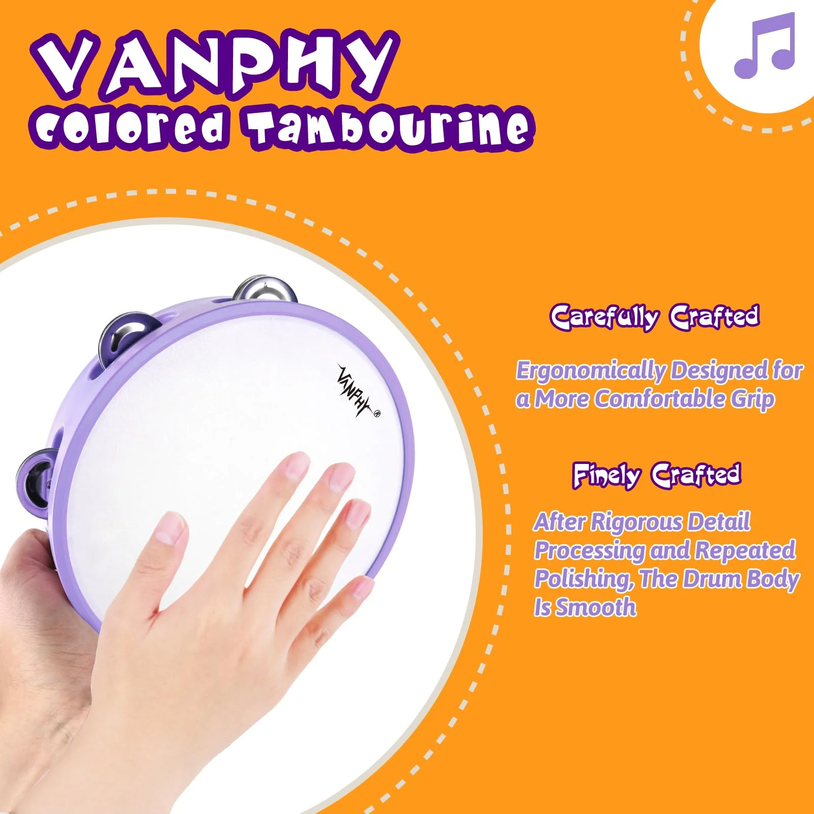 Tambourines for beginners Hand Held Tambourine Drum 8 inch Metal Jingles Percussion Musical Instruments for Accompaniments and Christmas Decorations(Purple) single purple - Image 2