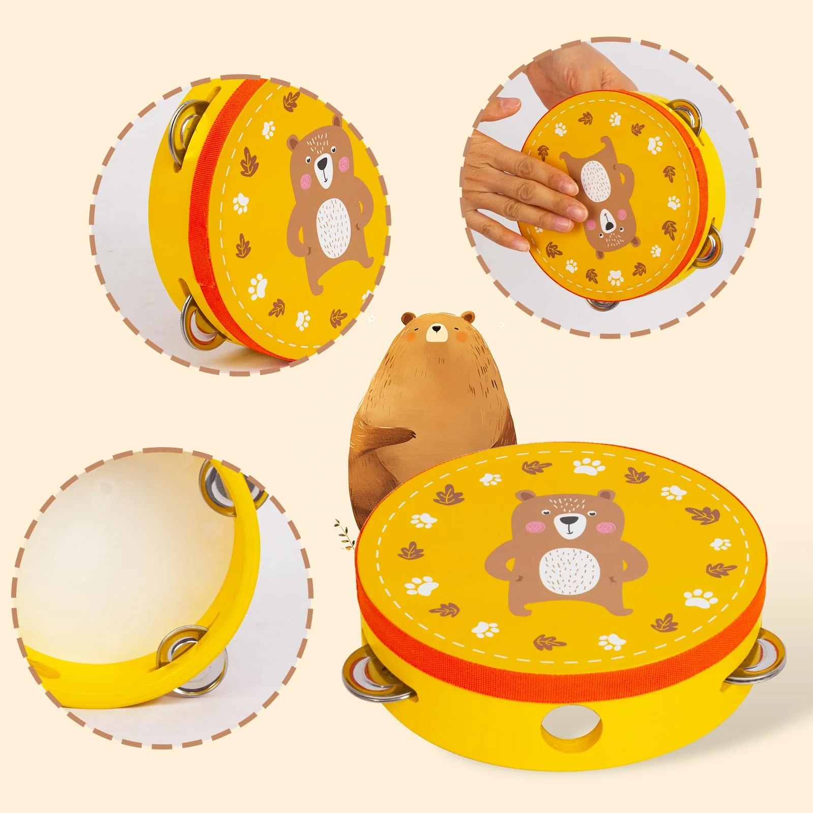 Tambourines Musical Instrument for Kids and Adults, 6 inch Wooden Hand Held Drum Bell Tamborine with Birch Metal Jingles Percussion Hand Tambourine Educational Gift for KTV, Party, Game, Yellow Yellow Tambourine - Image 2
