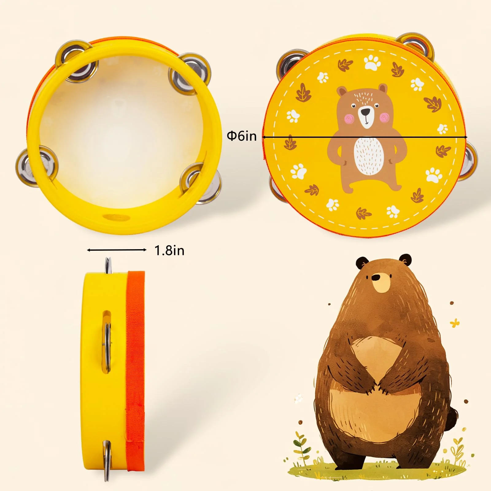 Tambourines Musical Instrument for Kids and Adults, 6 inch Wooden Hand Held Drum Bell Tamborine with Birch Metal Jingles Percussion Hand Tambourine Educational Gift for KTV, Party, Game, Yellow Yellow Tambourine - Image 3