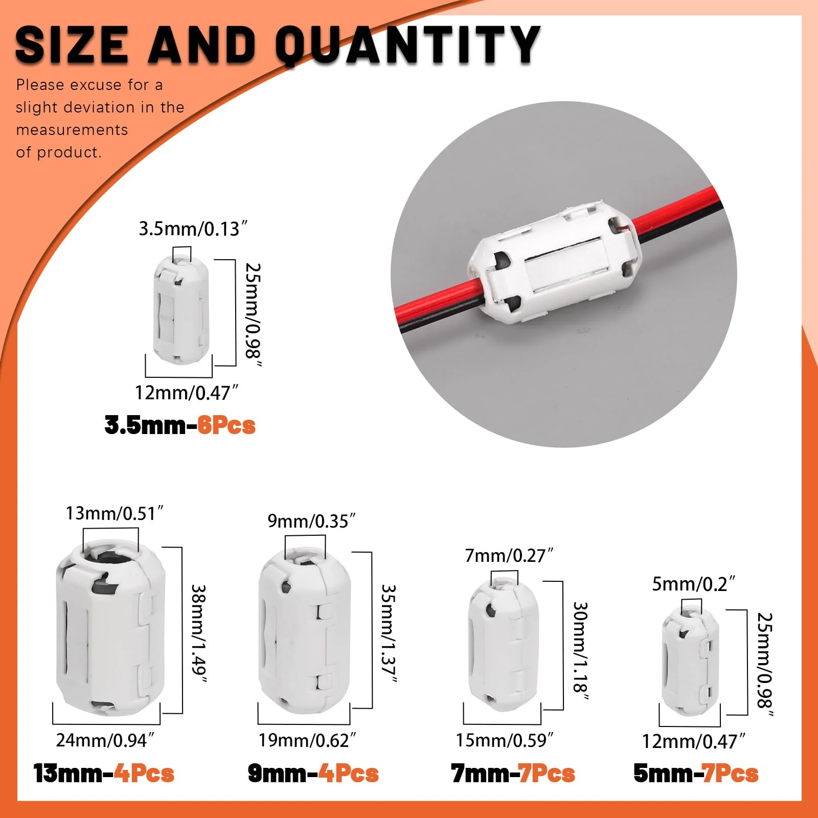 Tanstic 28Pcs White Clip-on Ferrite Ring Core RFI EMI Noise Suppressor Cable Clip for 3.5mm 5mm 7mm 9mm 13mm Diameter Cable - Image 2
