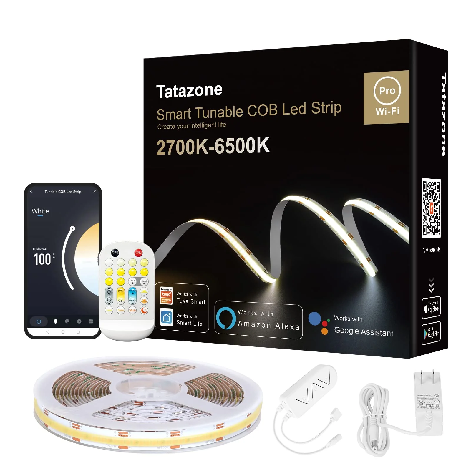 Tatazone 16.4ft Tunable White Smart COB Led Strip Light Kit, CCT 2700K-6500K Bright COB Led Tape Light Compatible with Alexa and Google, Dimmable Indoor COB Led Ribbon for Kitchen Cabinet, Room, TV