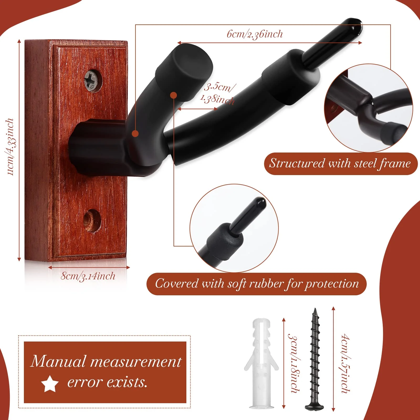 Tatuo 4 Pcs Violin Wall Mount Hanger Violin and Viola Hanger Metal Wooden Guitar Violin Stand with Bow Holder Music Room Decor with Screws for Home Studio String Instrument Accessories Art Practice - Image 2