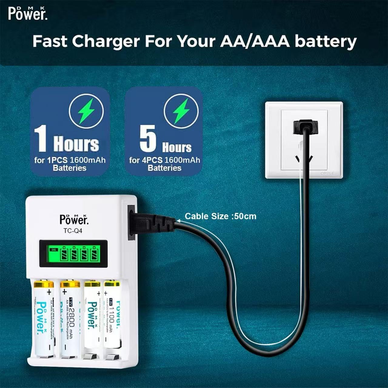 TC-Q4 Smart Quick LCD Charger Set for Photography & Video: Powers Speedlite Flash, Triggers, LED Lights, Camera Grips. 4x Pre-charged AA HR6 2800mAh Batteries & 4-Slot Fast Charger w 100cm/40‘’ Cable AA WHITE 2800MAH (4 PIECES) AND TC-Q4 CHARGER - Image 2