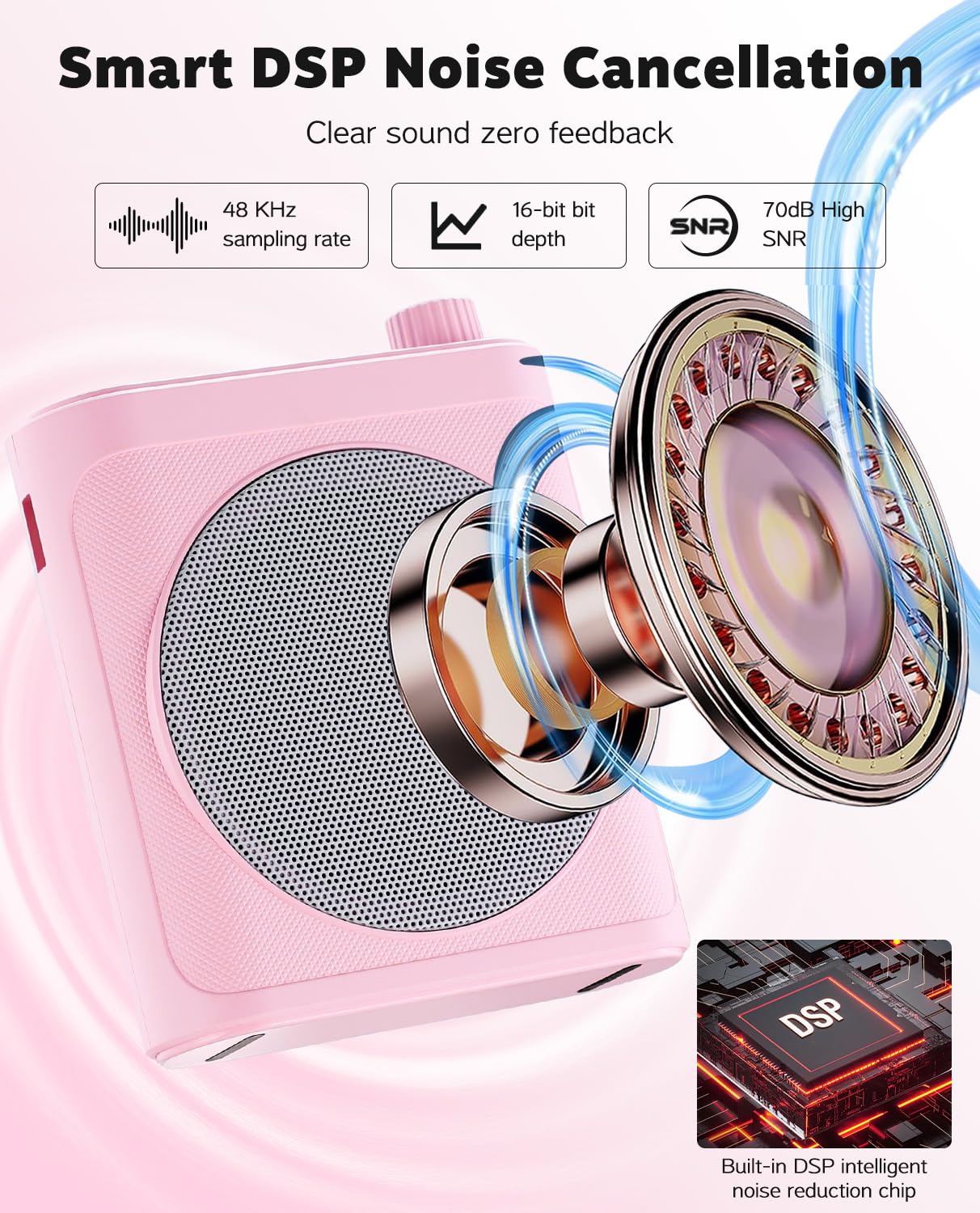 Tearstone Voice Amplifier for Teachers with Wireless Magnetic Lavalier Microphone, Bluetooth Portable Rechargeable Speaker, 2 Mics for Classroom, Meetings, Speeches, Outdoor (Pink) Pink - Image 3