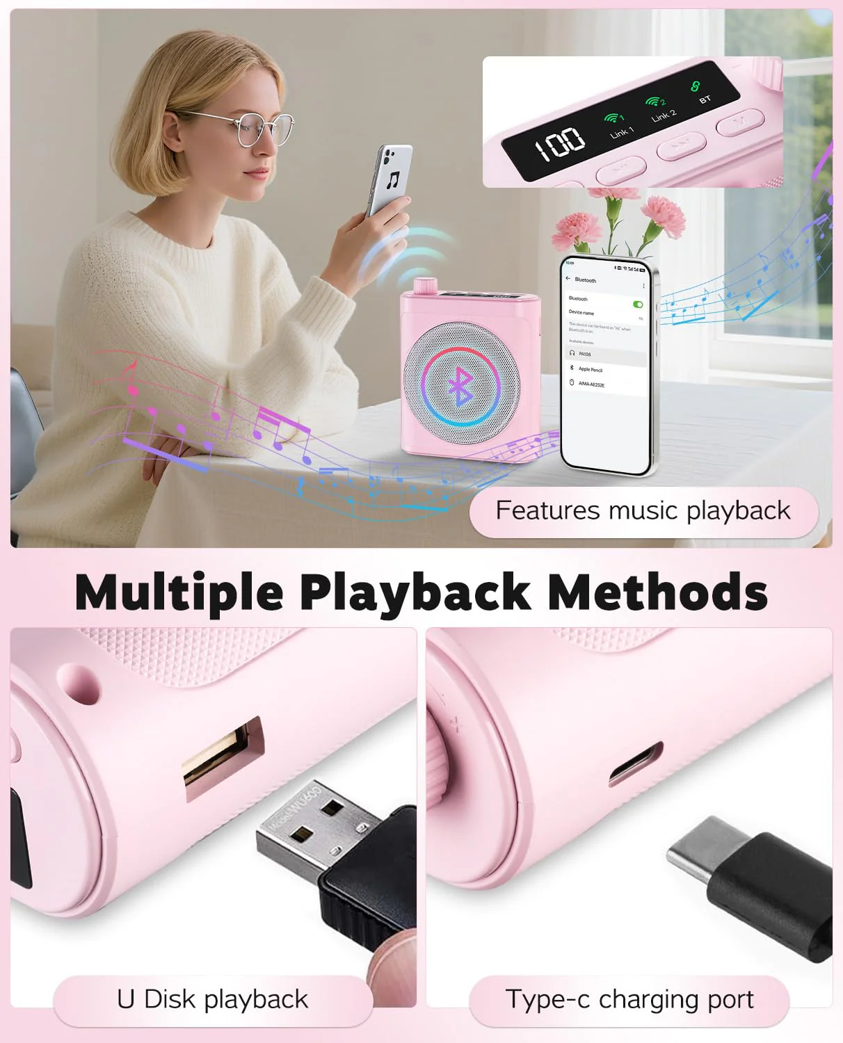 Tearstone Voice Amplifier for Teachers with Wireless Magnetic Lavalier Microphone, Bluetooth Portable Rechargeable Speaker, 2 Mics for Classroom, Meetings, Speeches, Outdoor (Pink) Pink - Image 5