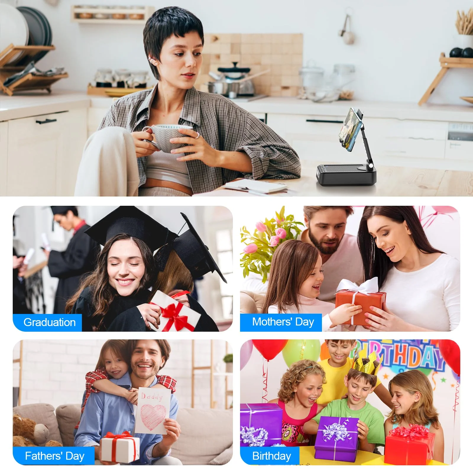 TechGlow Gifts for Men Women Foldable Cellphone Stand with Bluetooth Speaker Power Bank 360° Rotatable Phone Stand Birthday Gift Idea for Mom Dad Cool Tech Gifts - Image 7
