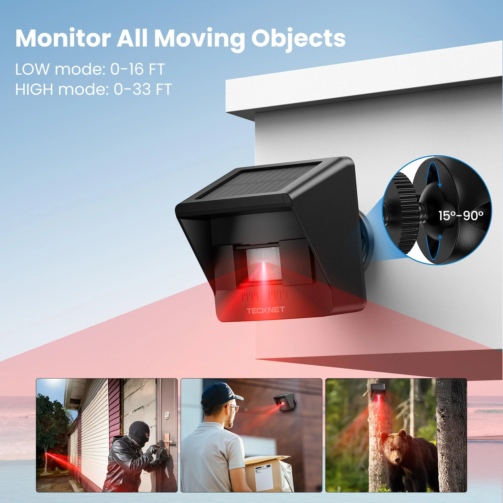 TECKNET Solar Wireless Driveway Alarm with 2600FT Long Range & 36 Melodies & 5 Volumes and Supports 4 Zones Weatherproof Motion Sensor Alarm to Protect Inside/Outside Property (1 Receiver 1 Sensor) RGB Receiver and Sensor - Image 2