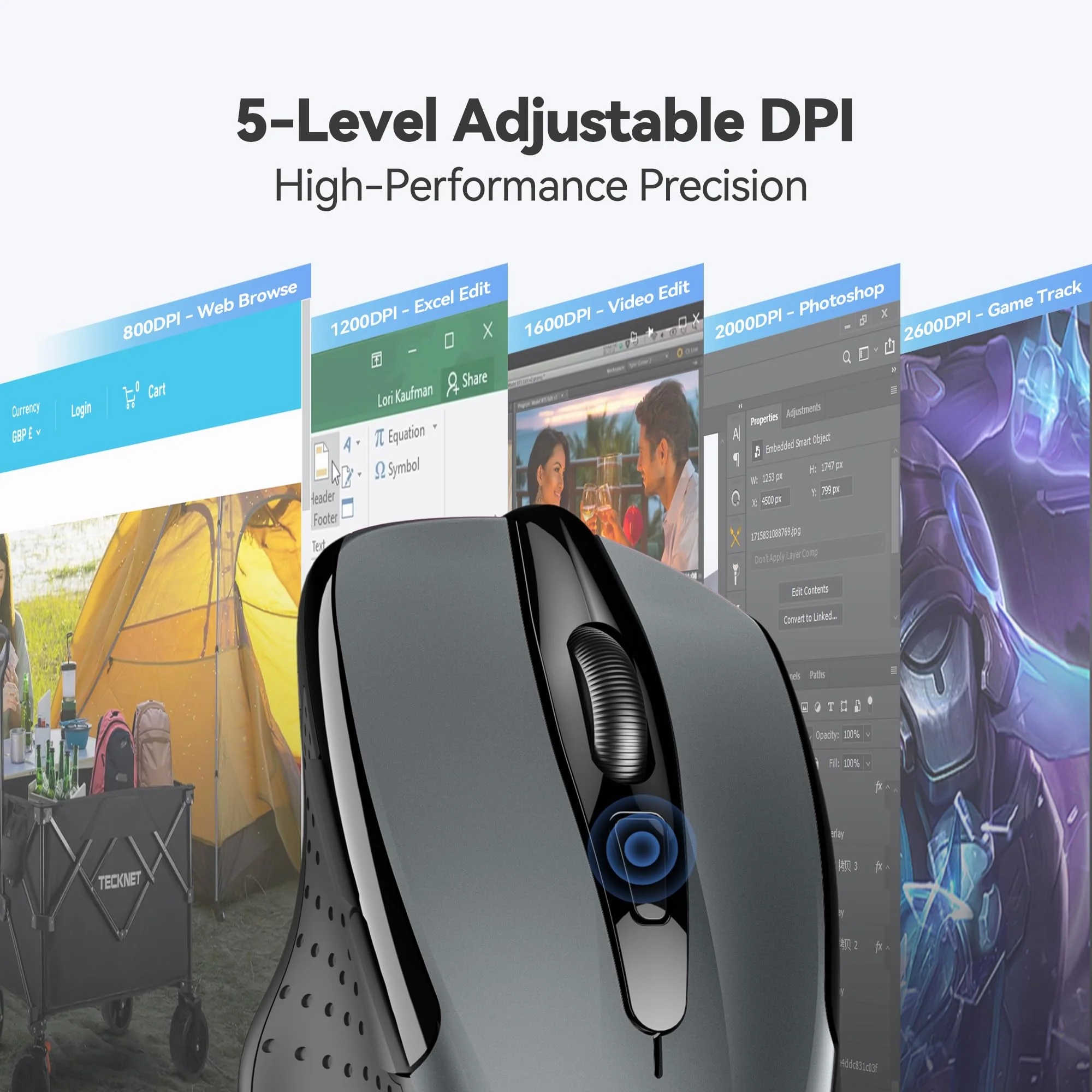 TECKNET Wireless Mouse, 2.4G Ergonomic Optical Mouse, Computer Mouse for Laptop, PC, Computer, Chromebook, Notebook, 6 Buttons, 24 Months Battery Life, 2600 DPI, 5 Adjustment Levels Grey - Image 6