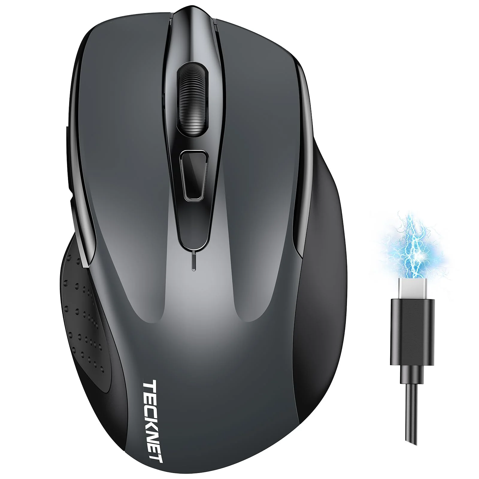 TECKNET Wireless Mouse (BT5.0/3.0 & 2.4G) Rechargeable 4800 DPI Silent Mouse 6 Buttons Bluetooth Mouse, USB A Mouse Wide Compatibility - Grey