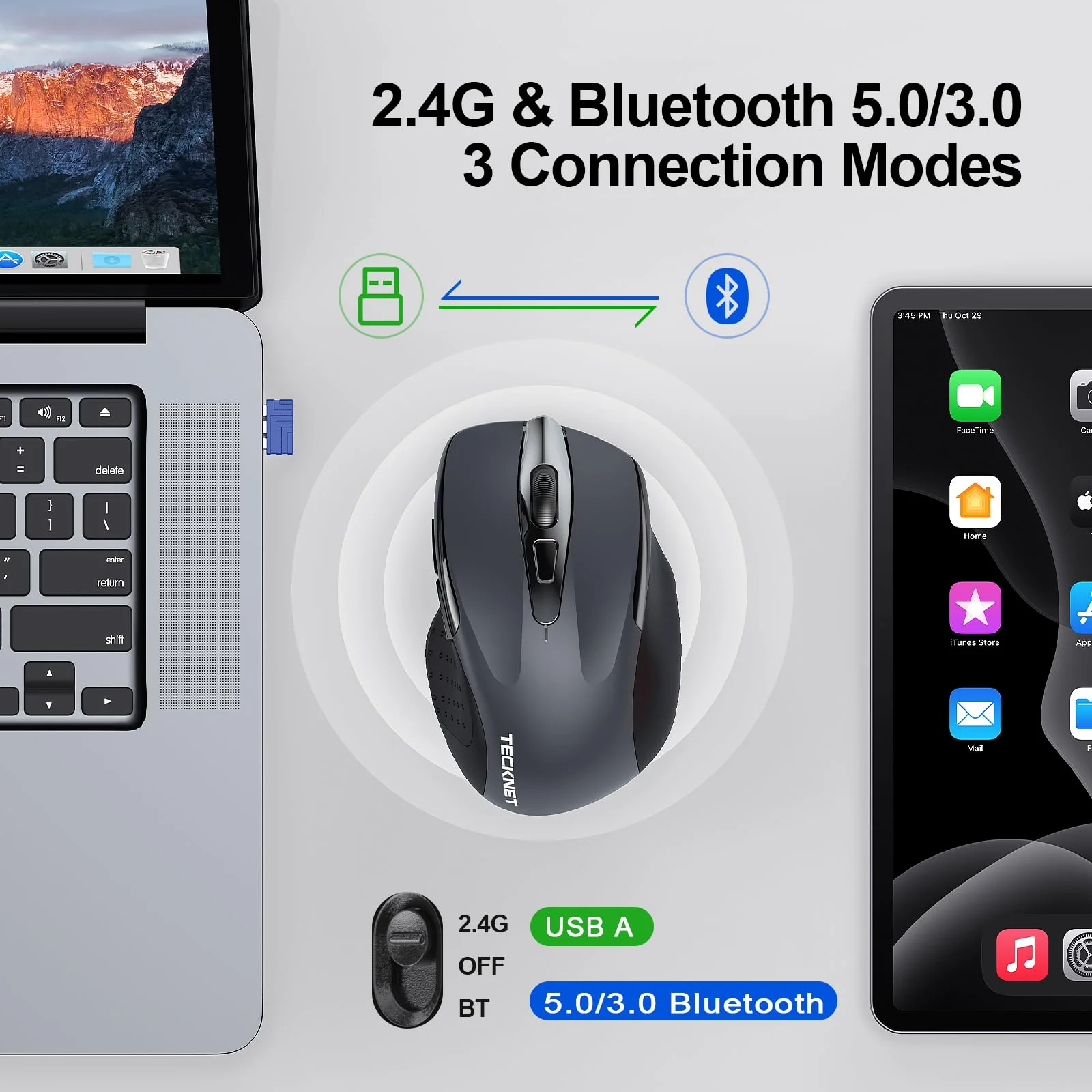 TECKNET Wireless Mouse (BT5.0/3.0 & 2.4G) Rechargeable 4800 DPI Silent Mouse 6 Buttons Bluetooth Mouse, USB A Mouse Wide Compatibility - Grey - Image 2