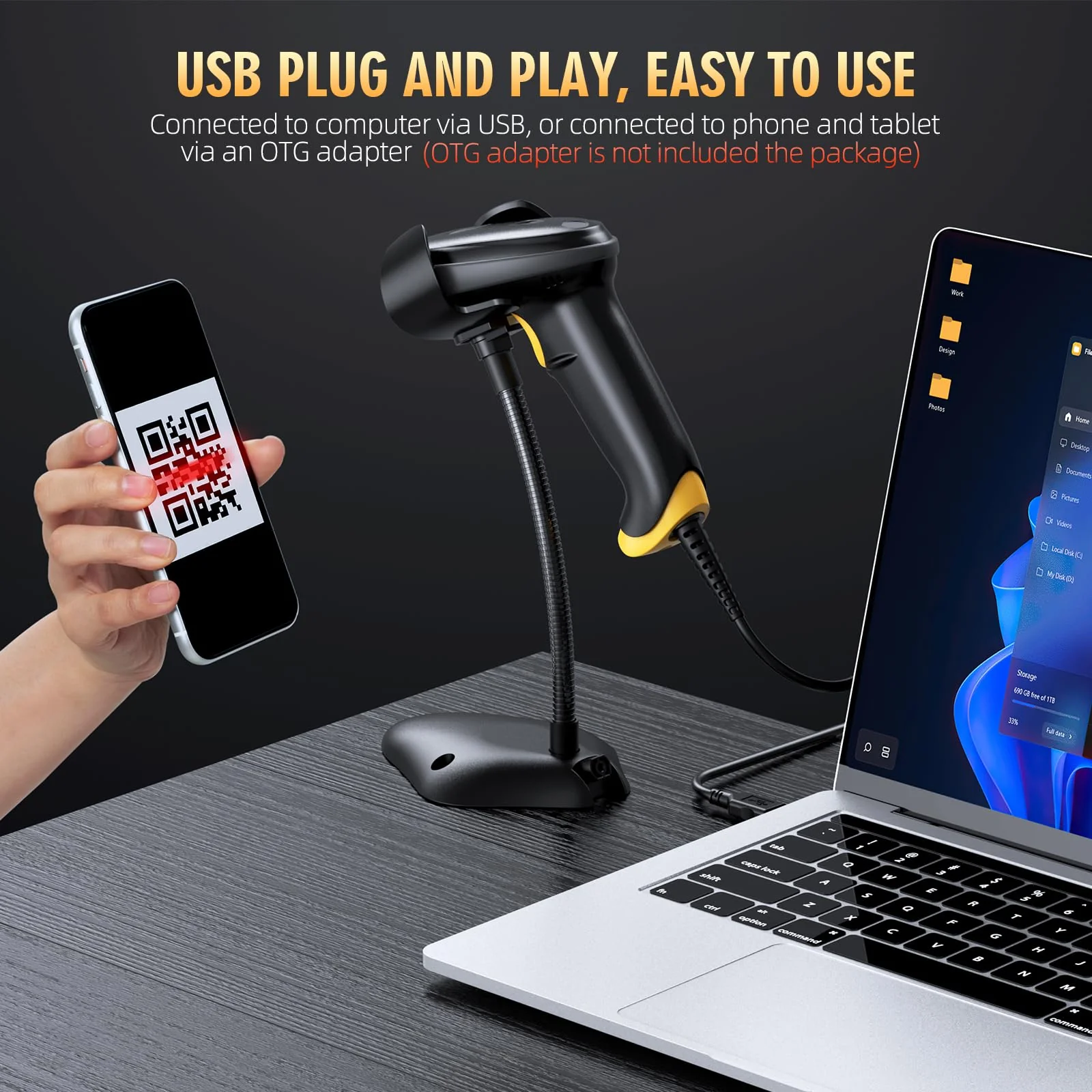 TEEMI 2D Barcode Scanner with Smart Stand USB Wired Handheld Automatic QR Data Matrix PDF417 OCR bar Codes Imager Global Shutter Computer Screen Scan for Windows Mac and Linux PC POS, Stand Included USB Wired with Stand - Image 3