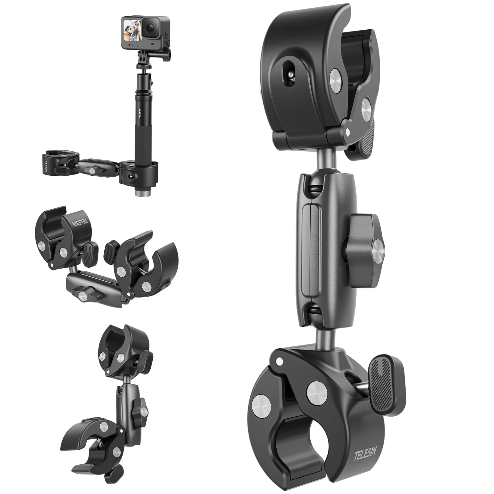 TELESIN 360 Dual Ball Clamp Mount, Bike Bicycle Motorcycle Handlebar Stick Pole Mount Holder Accessories for DJI Osmo Action 6 /Osmo Nano/Osmo 360 /Osmo Action 5 Pro, Hero 13 12 11 10 9, Insta 360 X5 Metal Dual Ball