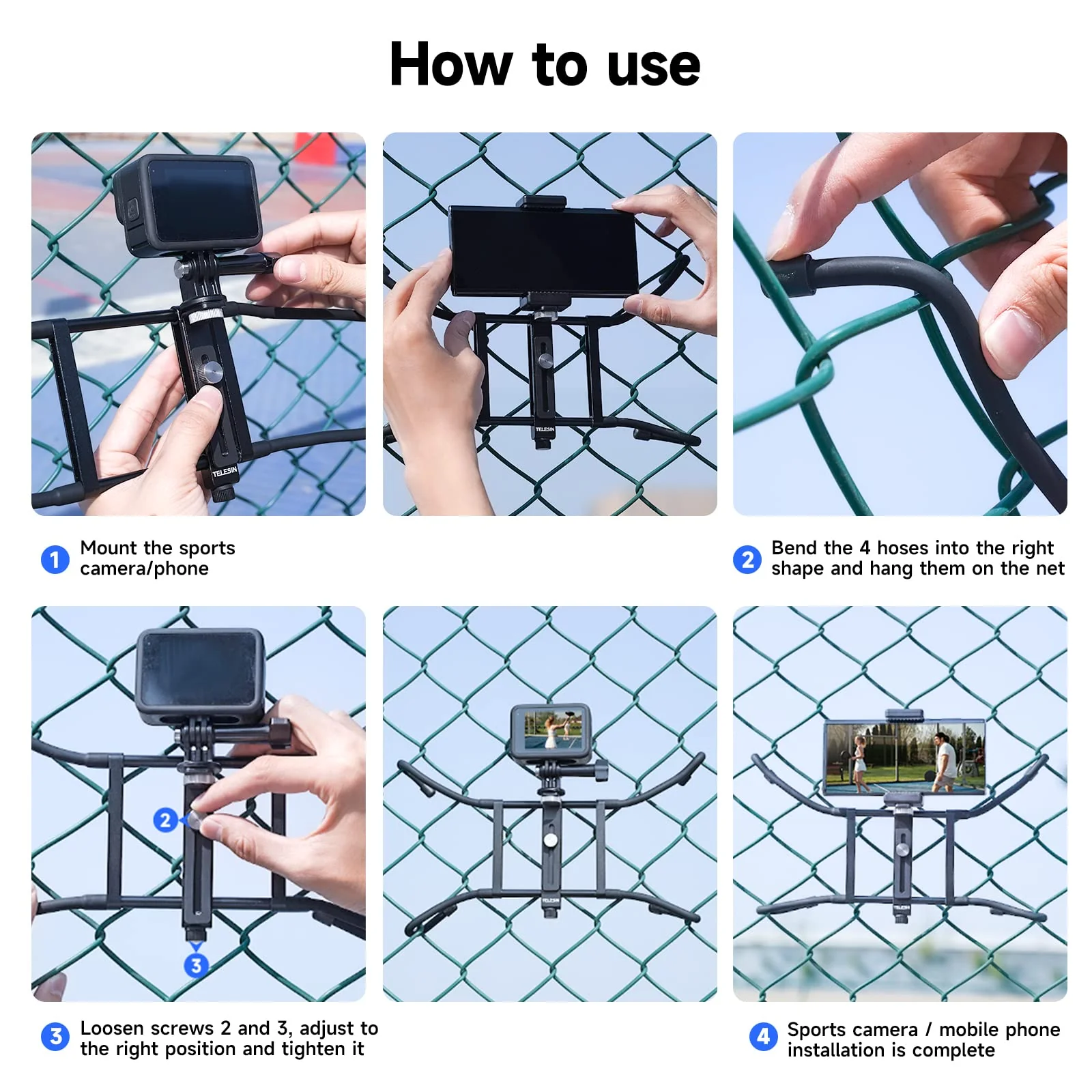 TELESIN Fence Mount with Flexible Clamp Arm for Phones GoPro 13 DJI OSMO 360 Action 5 pro,Insta360 X5 Mevo Start Backstop Camera, Softball, Tennis, Baseball Football, Games Live Streaming Accessories - Image 7