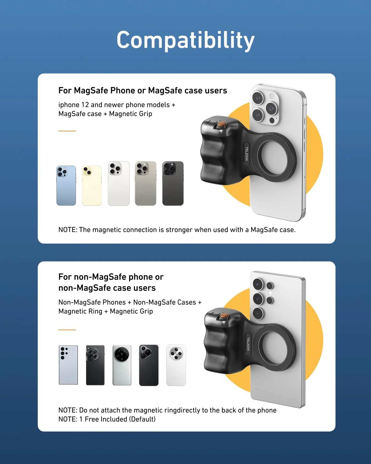 TELESIN Fun Shot Magnetic Phone Camera DSLR Style Shutter Grip for Magsafe iPhone & Android with Detachable Wireless Shutter Button - Official Grip -Comfort Ergonomic Phone Grip Handle Holder(B) Black - Image 8