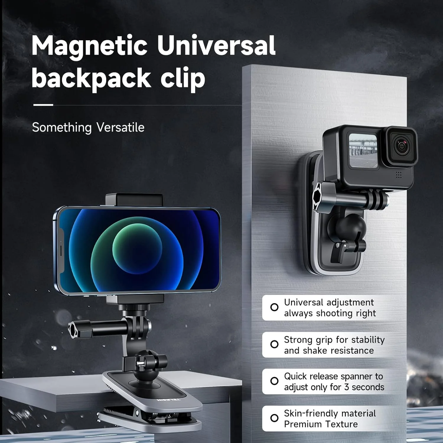 TELESIN Magnetic Mount Backpack Clip with Phone Holder for GoPro Insta360 iPhone Accessories for Go Pro Hero 13 12 11 10 9 8 7 Insta 360 X3 Go3 Ace Pro DJI Action 5 Pro 4 3 Pocket 3 Bike Motorcycle Magnetic Mount+Backpack Clip+Phone Holder - Image 2