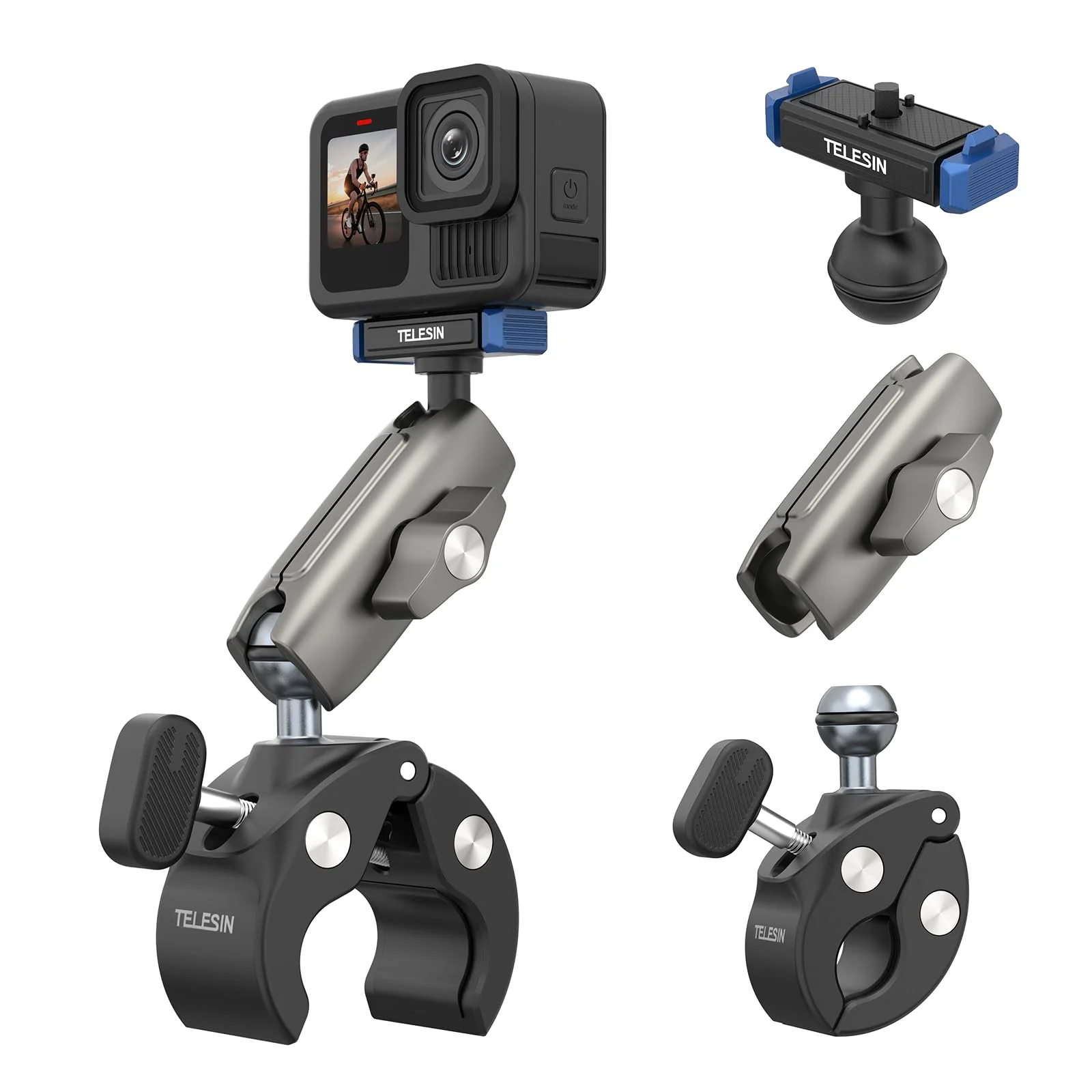 TELESIN Super Clamp Mount | Bike Handlebar Mount for Hero 13 | Power Suction Magnetic Design | 360° Rotation Ball Head | Fits 9-38mm Handlebar for Bike/Bicycle/Motorcycle
